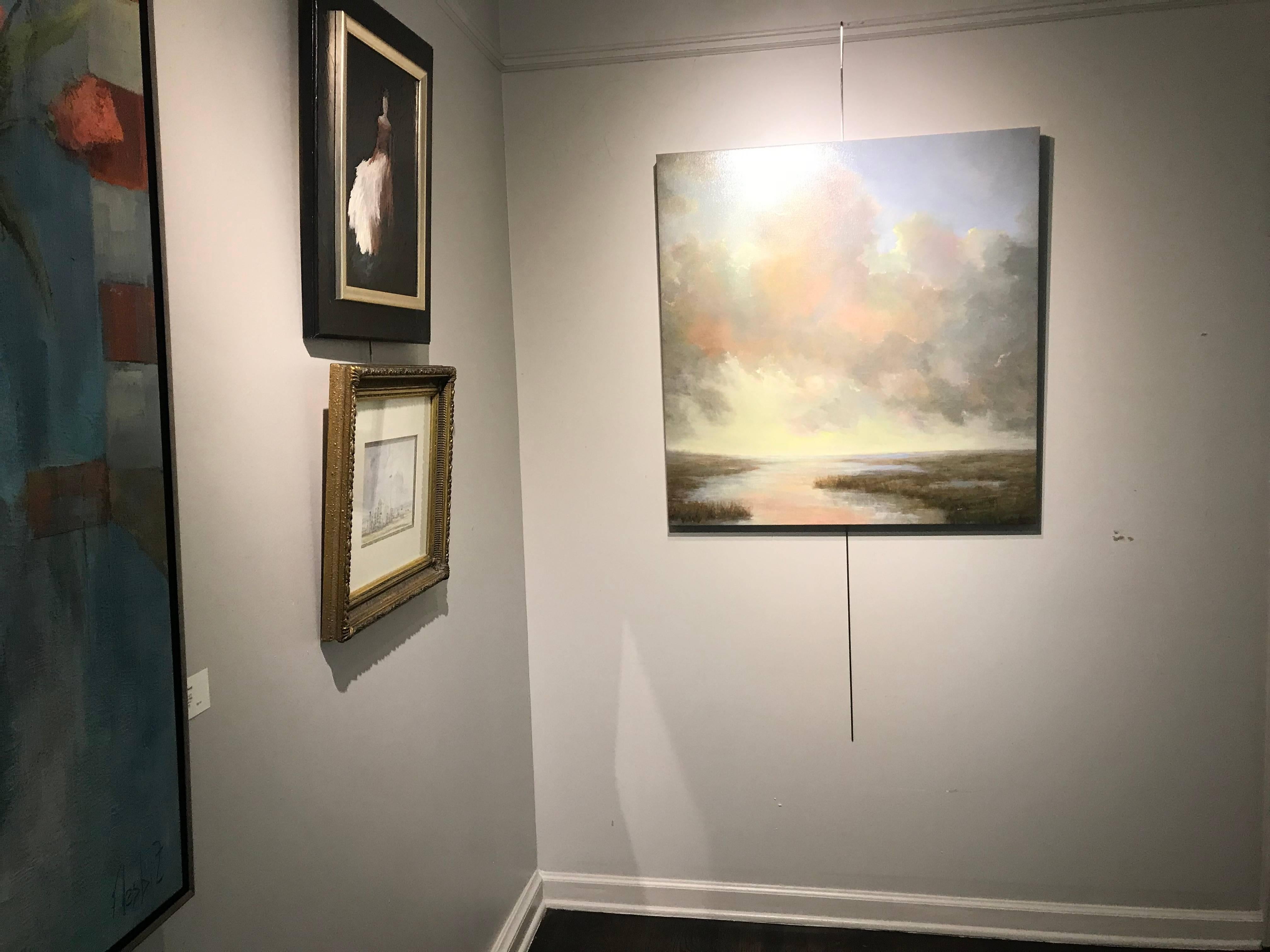 'Elevation' is a Post-Impressionist oil on canvas landscape painting created by American artist Julie Houck in 2018. Occupying a great portion of the composition, a cloudy sky reflects its delicate colors into the water depicted below. The scene is