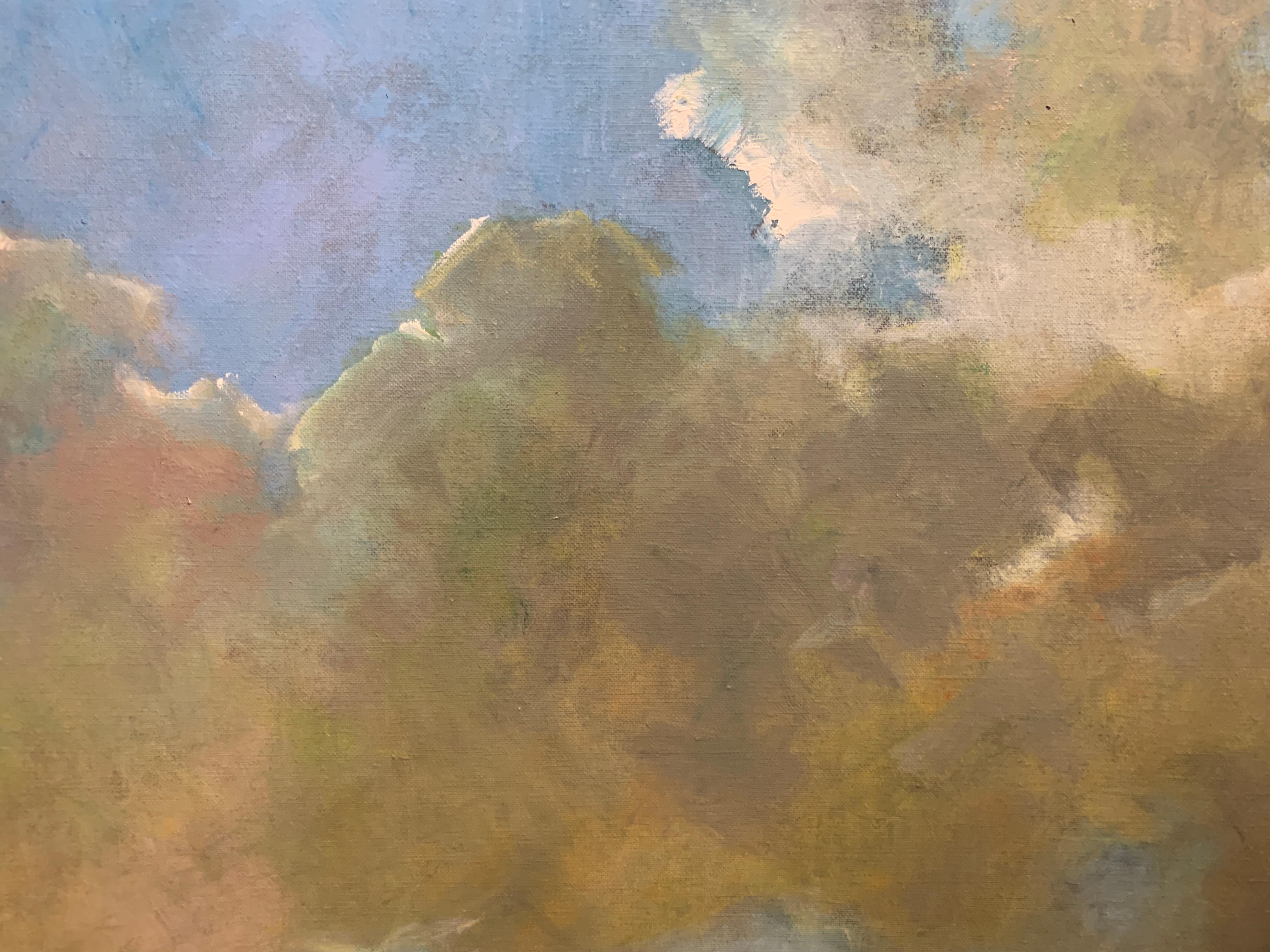 'Eventide' is a Post-Impressionist oil on linen landscape painting of horizontal format created by American artist Julie Houck in 2019. Featuring a rich palette mostly made of blue, pink, brown and golden tones, the painting is a serene depiction of