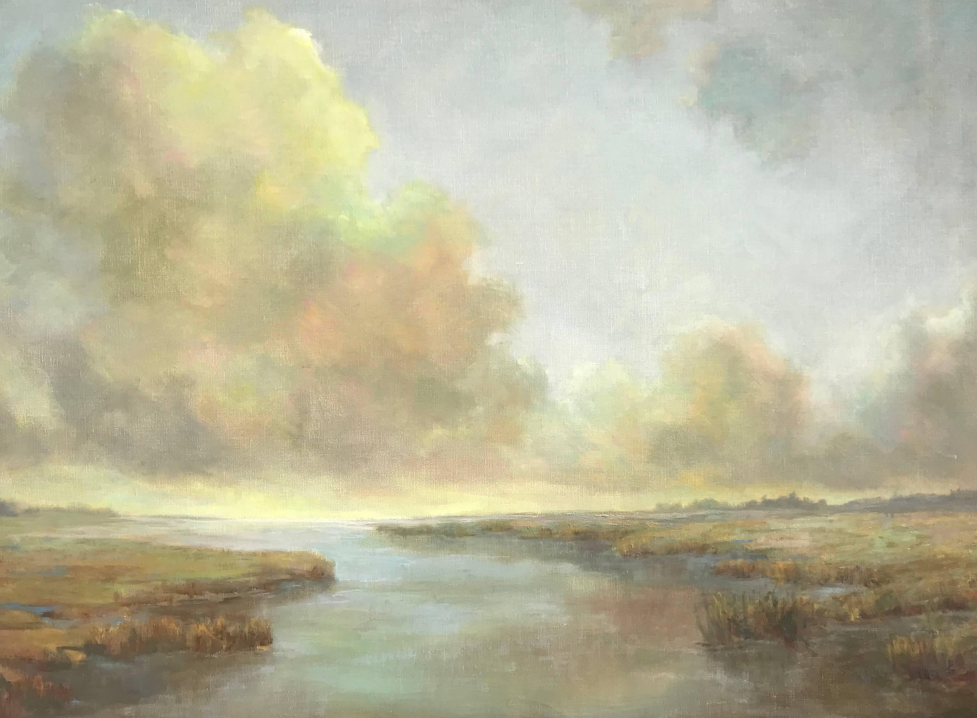 Julie Houck created this Post-Impressionist landscape painting of horizontal format entitled 'I Can See Forever' in 2018. Featuring a soft palette made of neutral tones such as pale yellows, greens and blues, the painting depicts a tranquil
