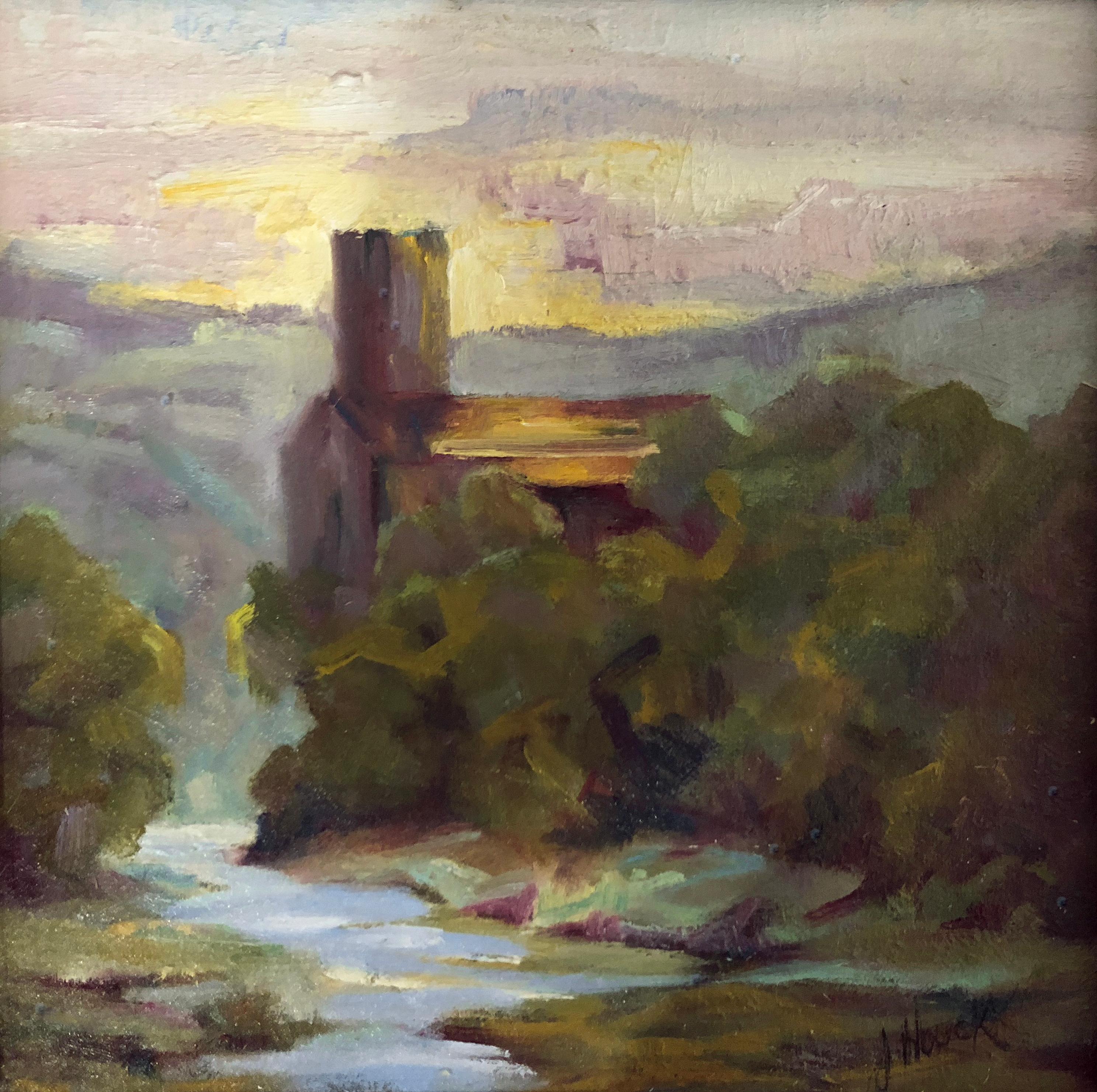 'Lagrasse Afternoon' is a small framed oil on linen Post-Impressionist landscape painting created by American artist Julie Houck in 2018. Featuring an exquisite palette mostly made of dark green, yellow, purple and blue tones, the painting depicts