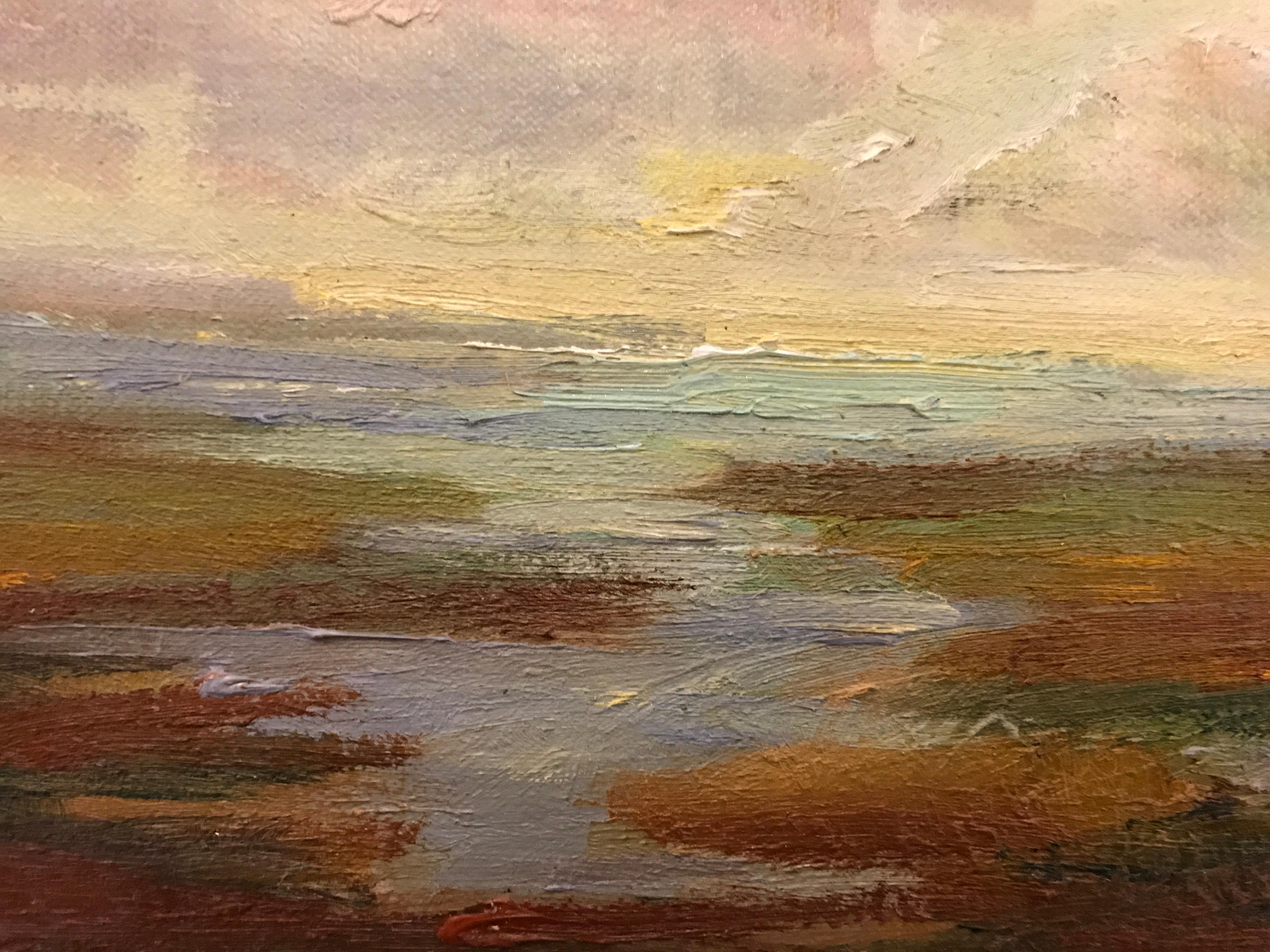 'Moody Morning' is a small framed Post-Impressionist landscape painting created by American artist Julie Houck in 2018. Featuring a luminous palette mostly made of yellow, green and brown tones, the painting is a serene depiction of a marsh area,