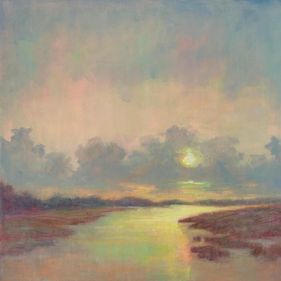 "Moon Shadow" by American artist Julie Houck transforms your space with the captivating beauty of this large square landscape painting, capturing the mesmerizing allure of a sunset kissed sky with hues of pink and mauve. Adorn your walls with the
