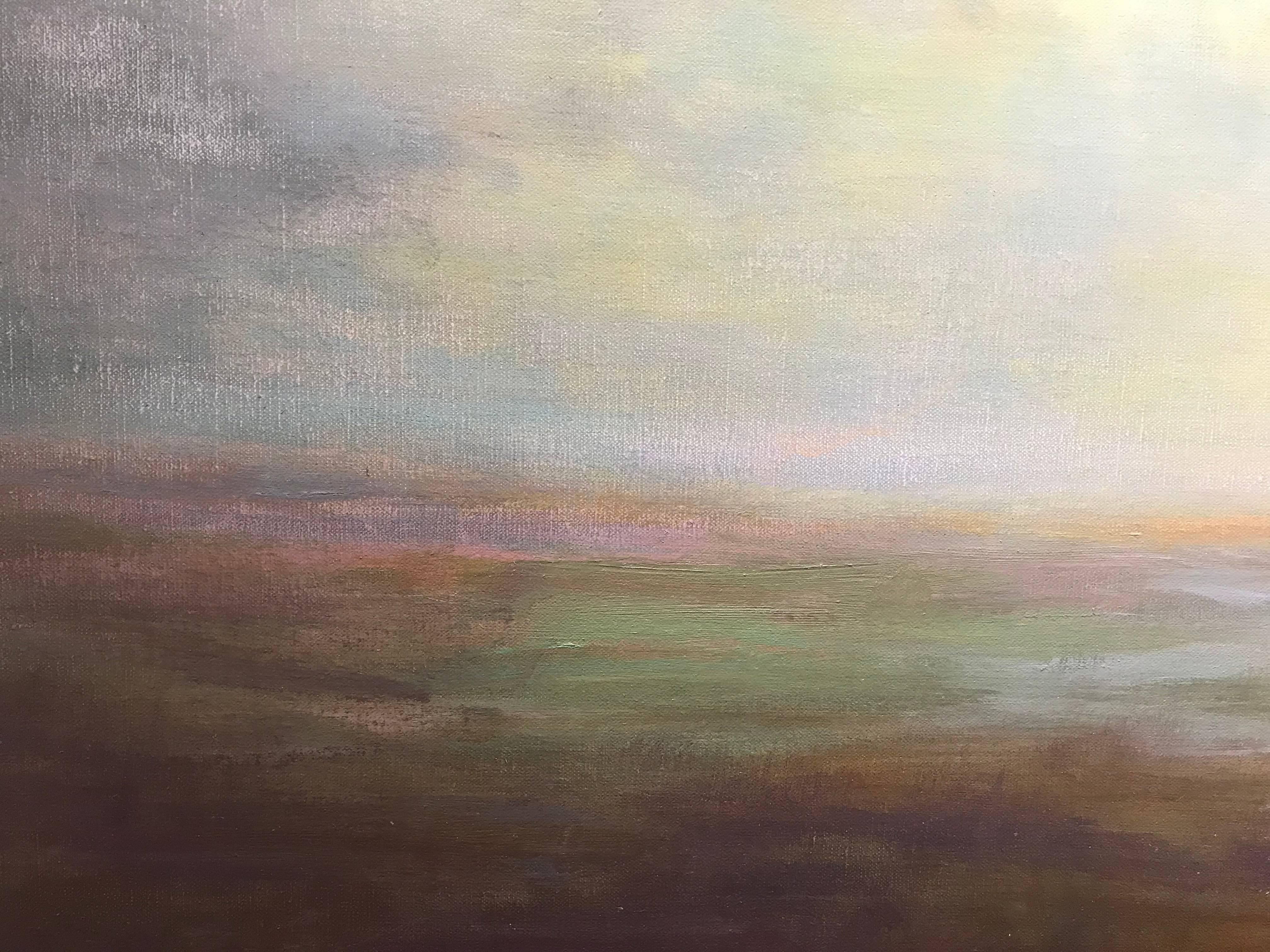 'Morning at Thomas Point' is a large Post-Impressionist landscape oil on linen painting created by American artist Julie Houck in 2017. This square format features a soft palette, mostly made of purple, yellow, brown, orange and green tones. Thomas