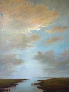 Reverie di Julie Houck, grande dipinto a olio di paesaggio post-impressionista con nuvole