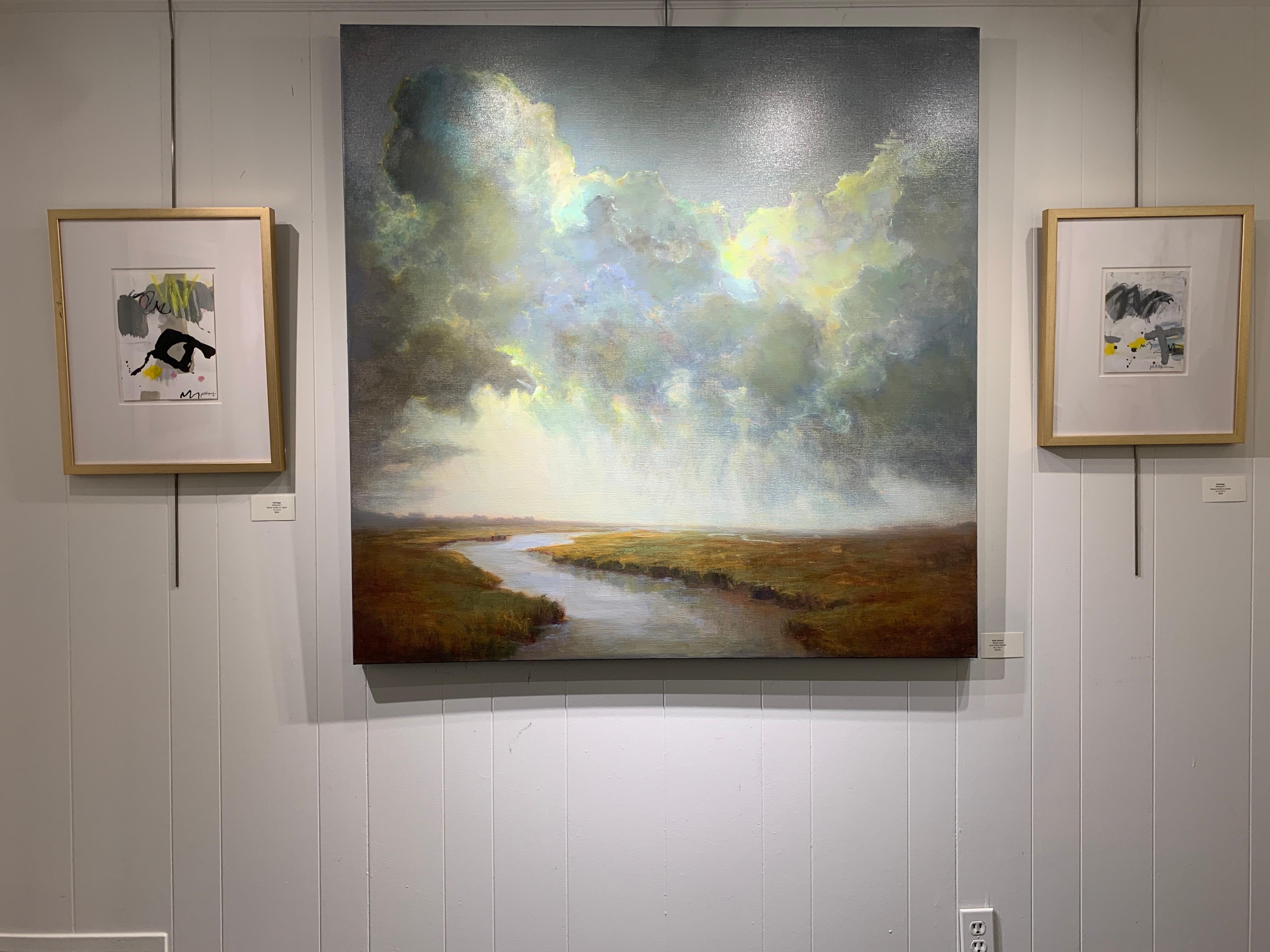 Featuring a luminous palette mostly made of blue, green, grey, soft yellow and white tones, the painting is a serene depiction of a marsh area, dominated by the striking presence of the sky. Two-thirds of the composition are dedicated to the fluffy