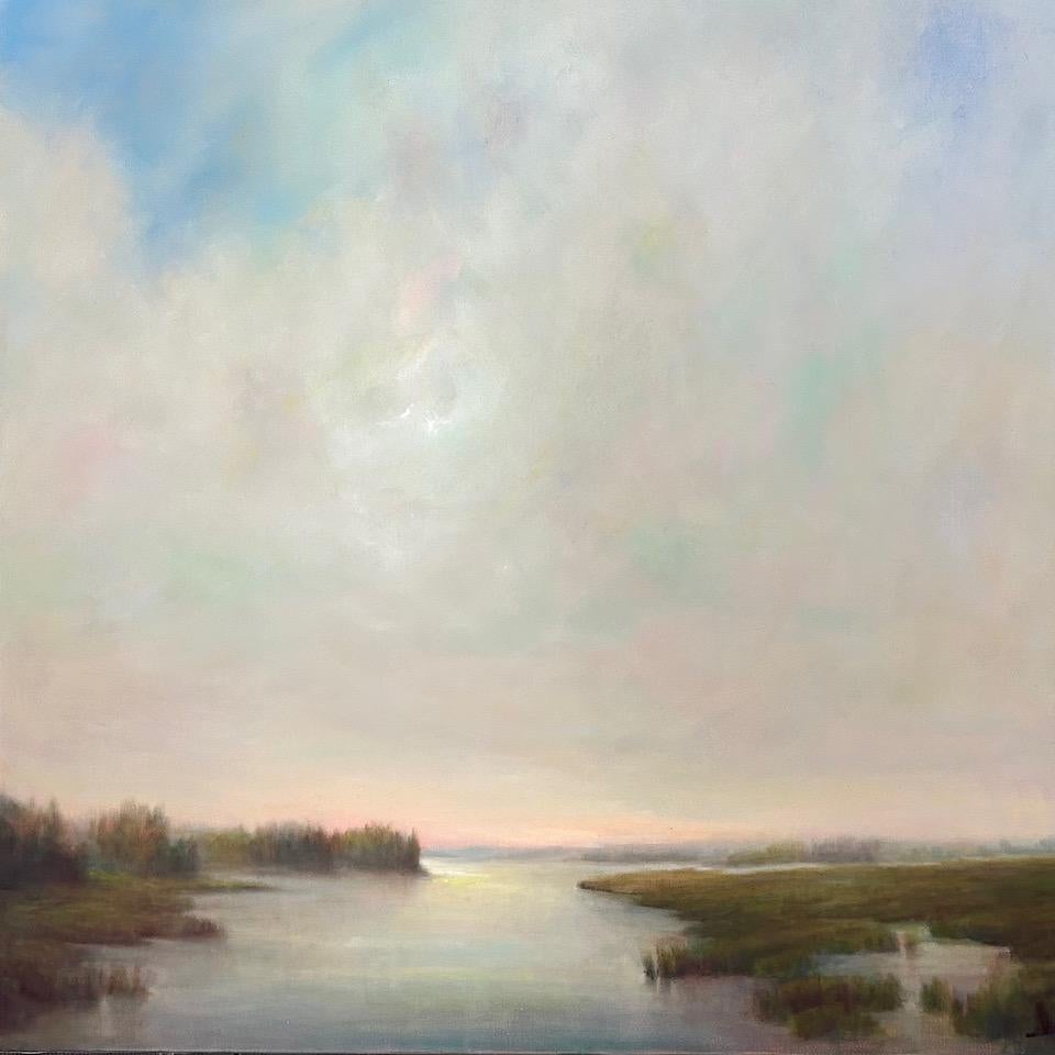 "The Quiet of Morning" by American artist Julie Houck captures the ethereal beauty of dawn with this stunning square landscape painting depicting the tranquil union of morning water and sky. Immerse yourself in the serene expanse of the horizon