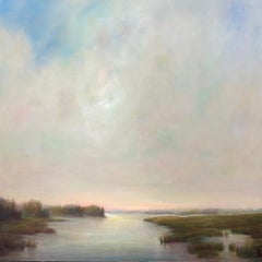 The Quiet of Morning de Julie Houck, grande peinture à l'huile de paysage avec eau