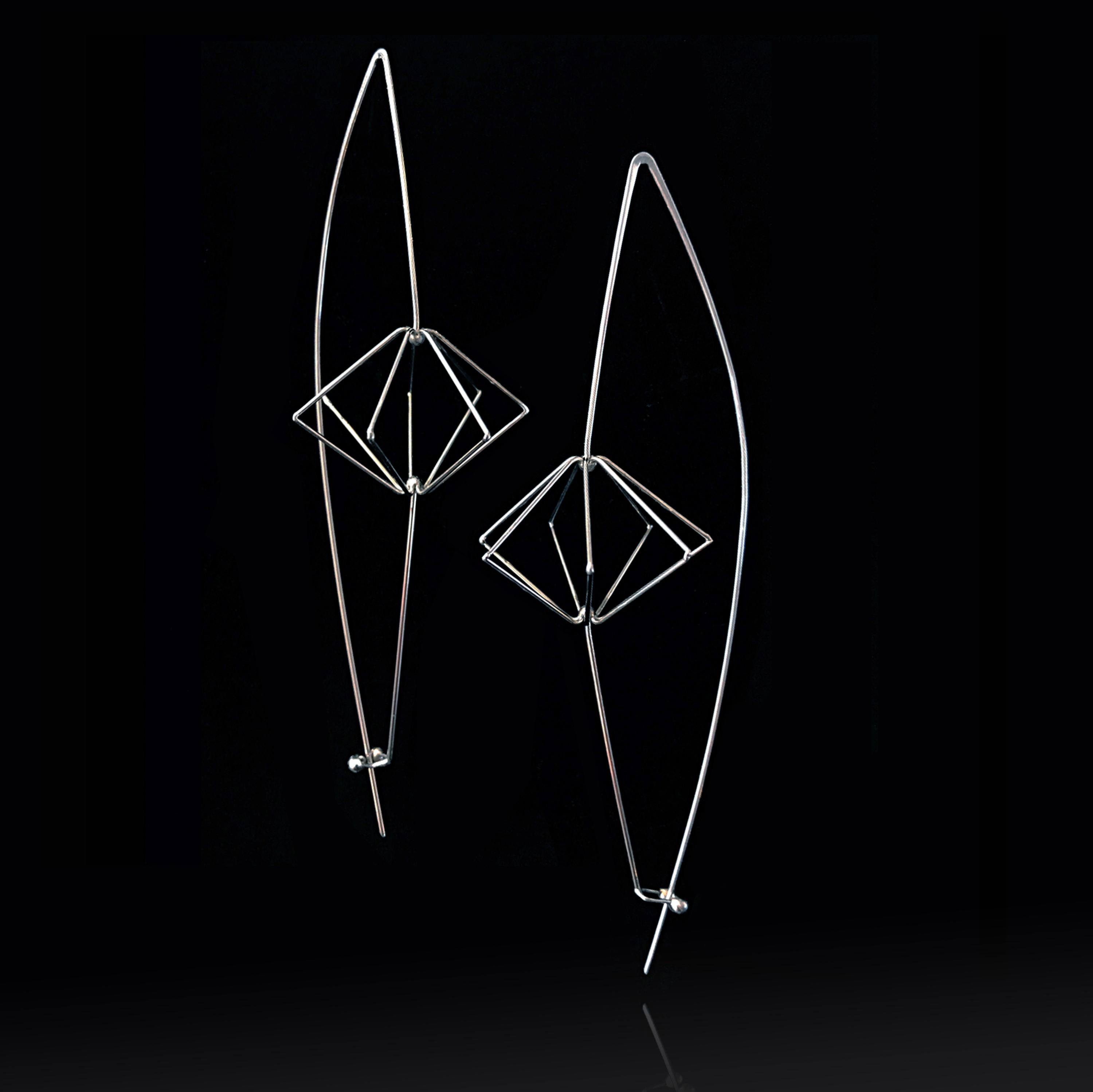 Julie Lake Abstract Sculpture - "Arecibo Earrings" a contemporary, fine gauge stainless steel earrings