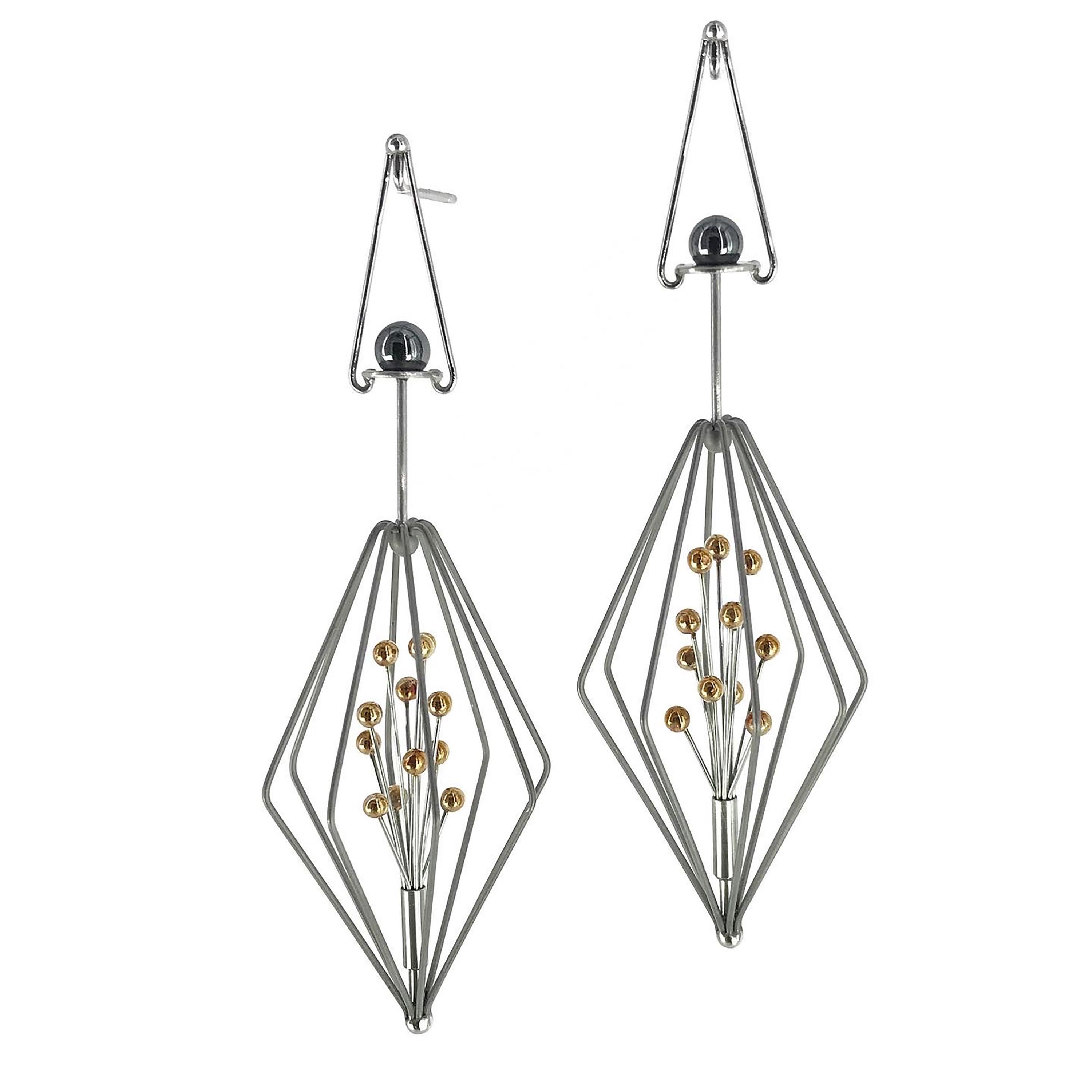 Julie Lake Abstract Sculpture - "Specimina Earrings " a contemporary, fine gauge stainless steel earrings