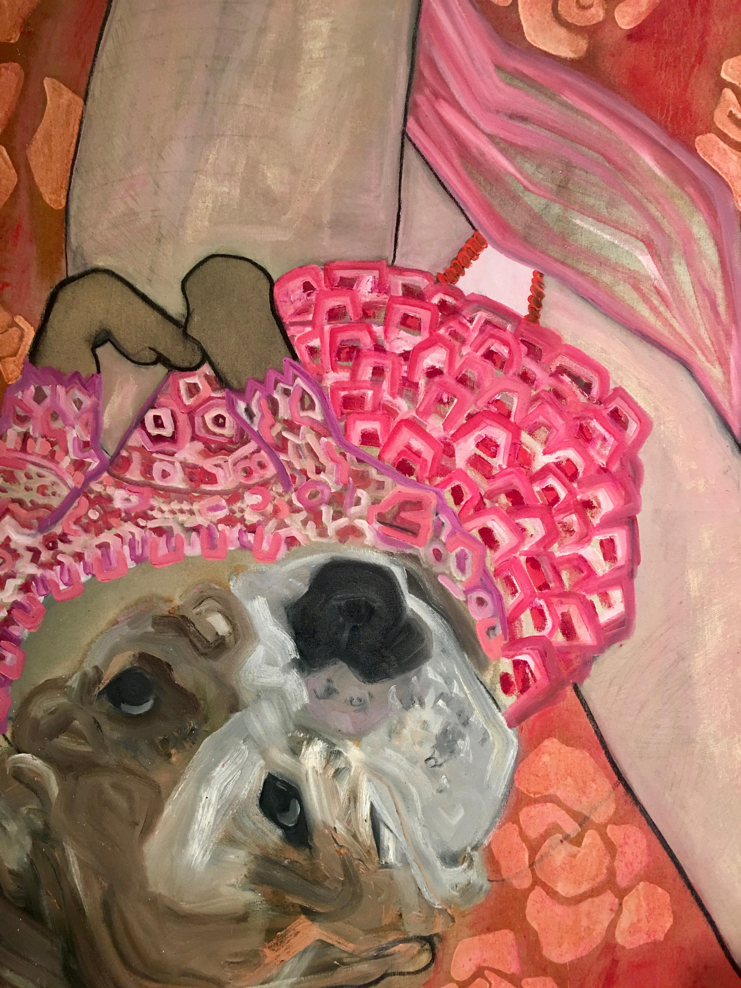 Mademoiselle Rose can be seen as a playful painting of a sexy bitch, literally, since it is a painting of a female dog, on her back with legs splayed, stiletto in the air.. This painting is from an early series of anthropomorphic dogs that Lorinet