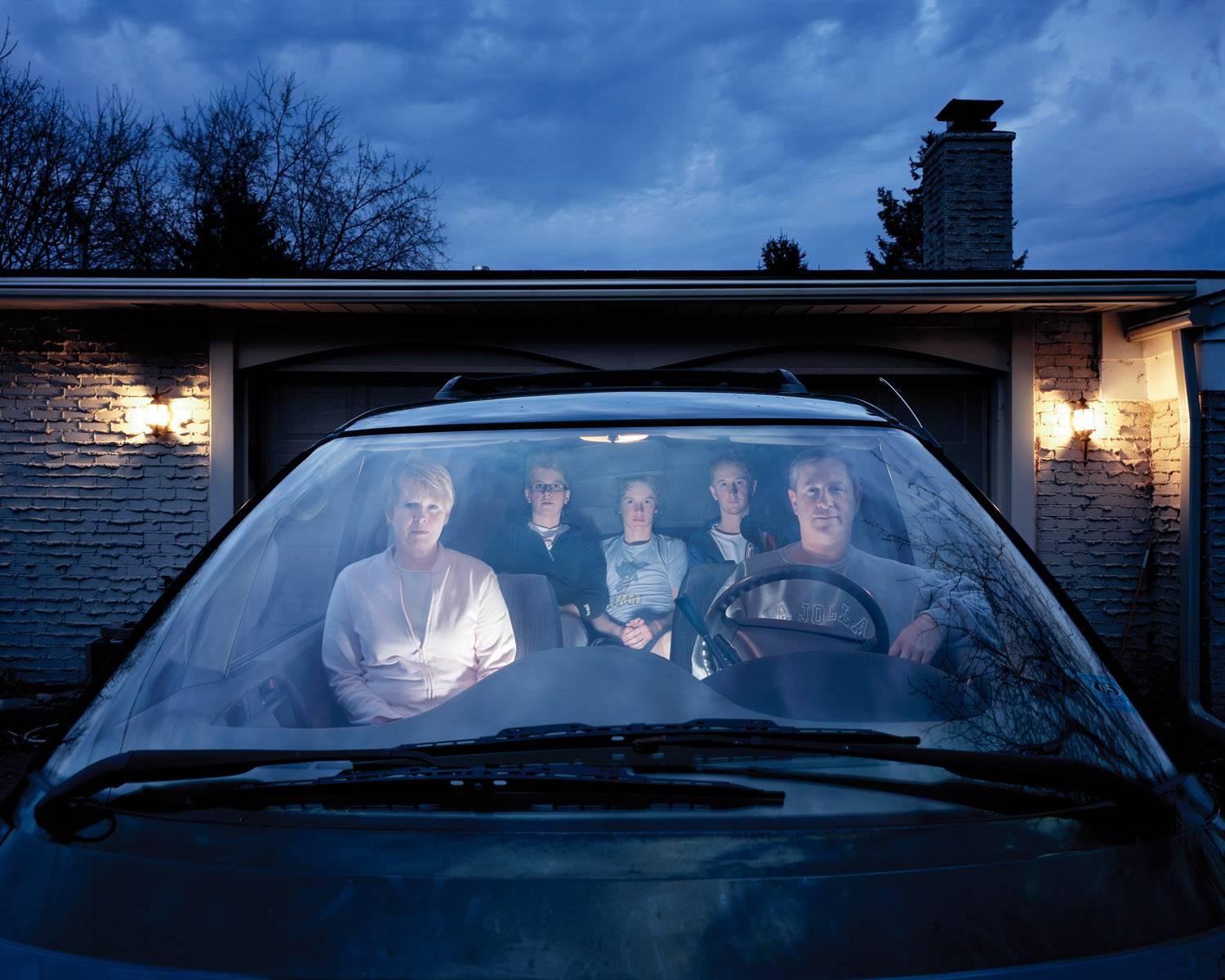 Julie Mack Color Photograph - Self-Portrait with Family in SUV, Michigan
