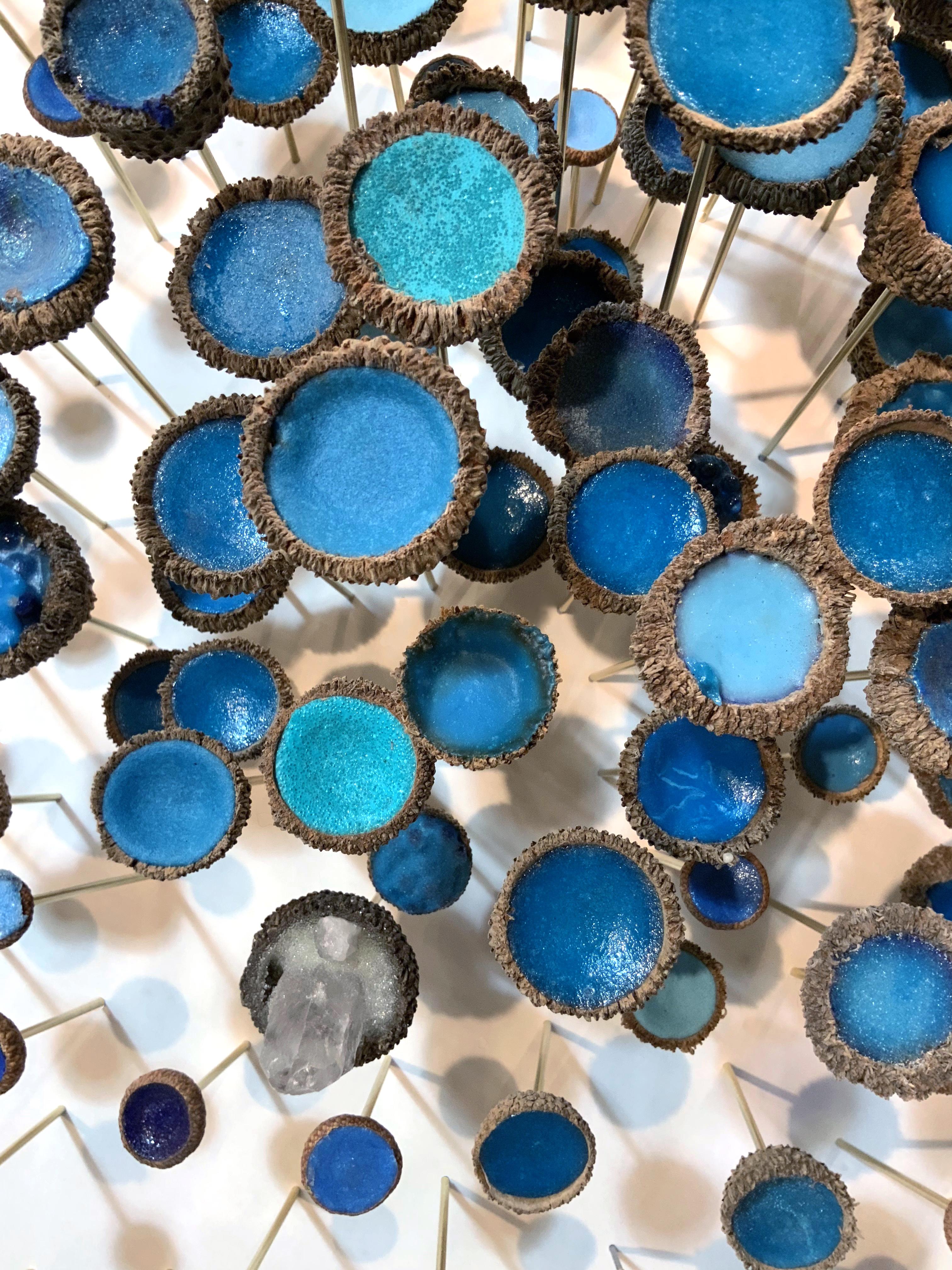 This wall sculptural installation is comprised of more than 275 individual acorn caps mounted on brass pins - each cap is filled with material such as paint, pigments, glitter, and natural minerals whose tones of blue range from teal to pale blue to
