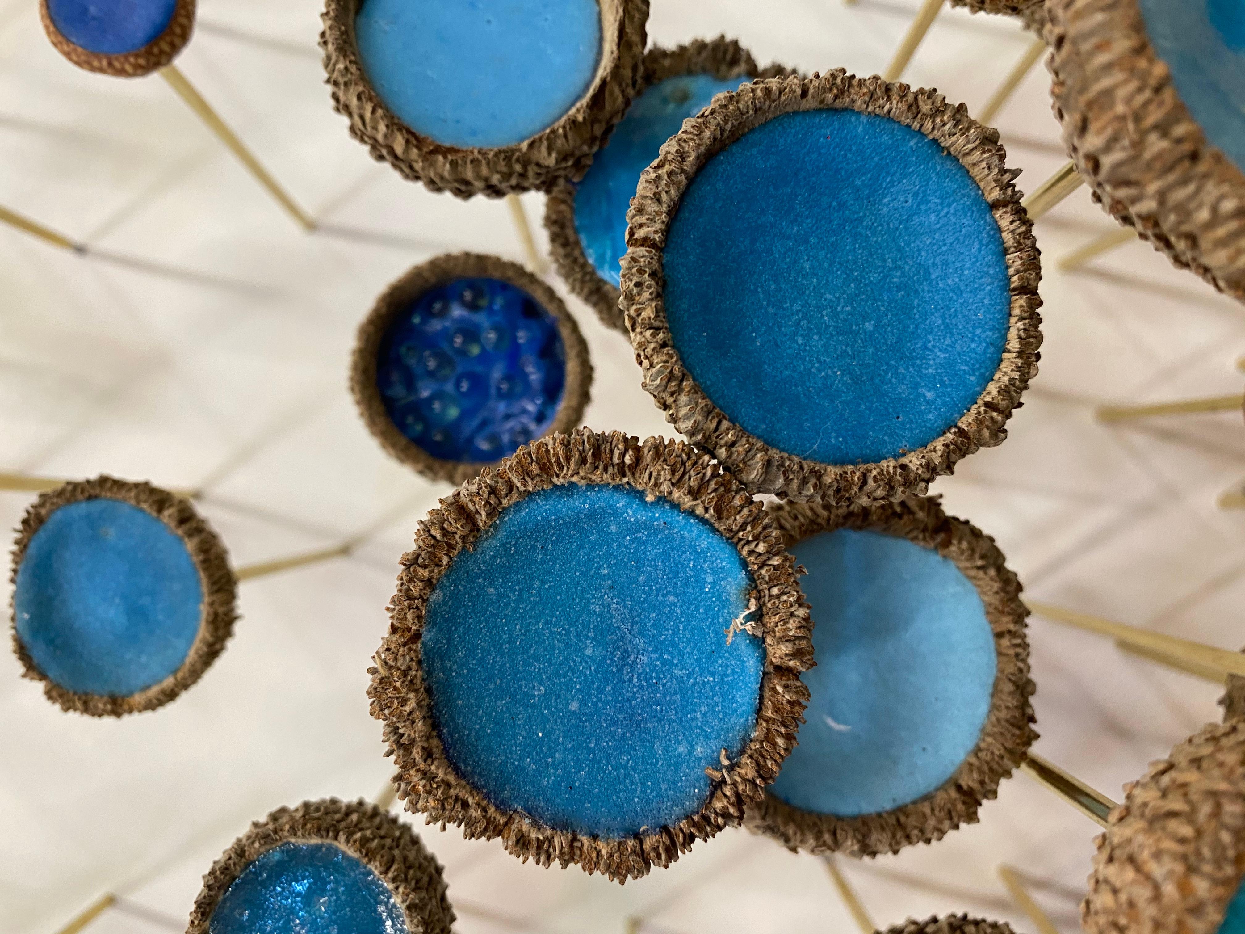 Blue Sky, Azure Cobalt Mixed Media Wall Mounted Sculpture with Acorns, Crystals 1