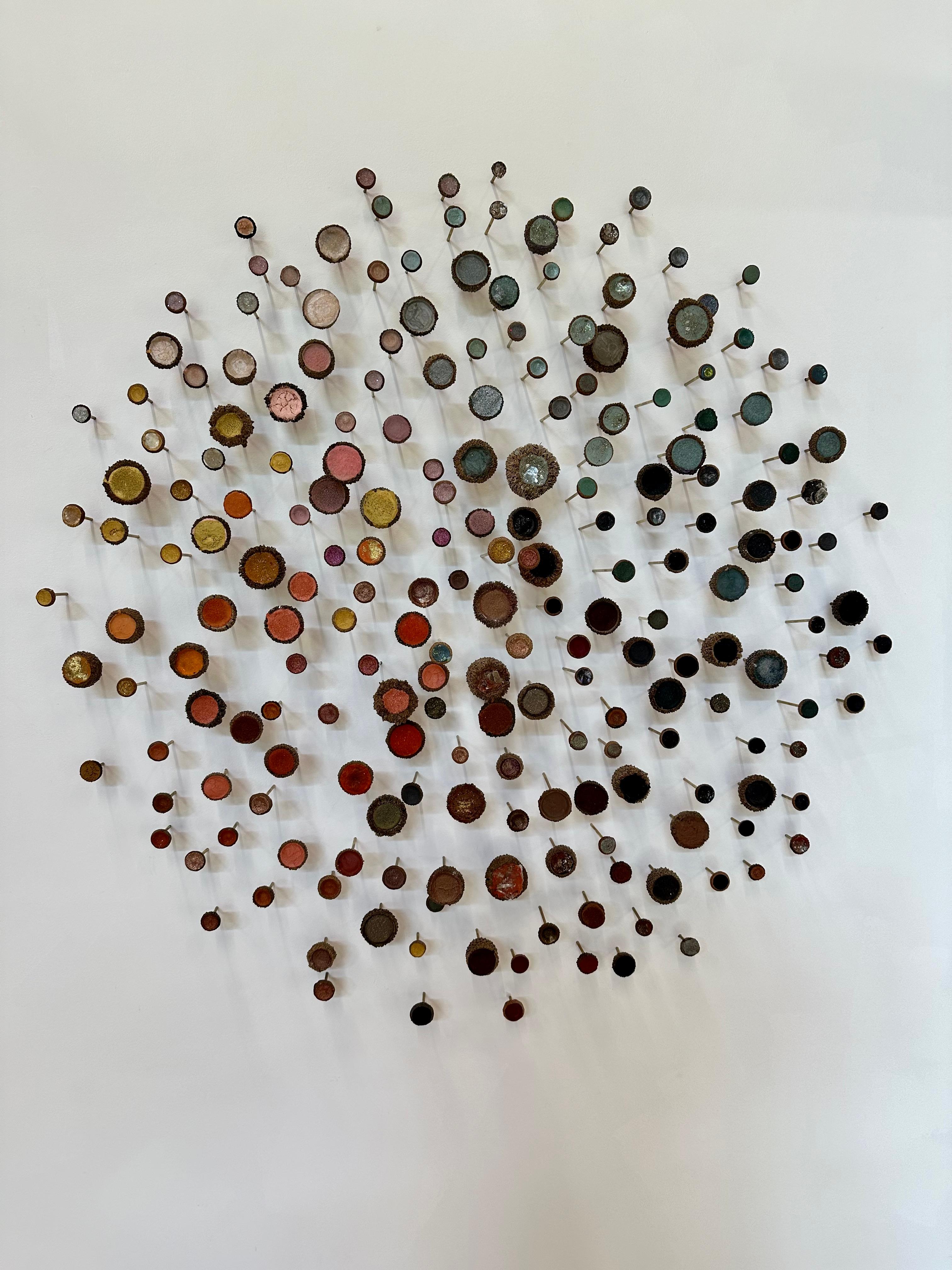 Elemental - Neon Yellow Pink Colorful Acorns Mixed Media Wall Sculpture, 2024 - Beige Abstract Sculpture by Julie Maren