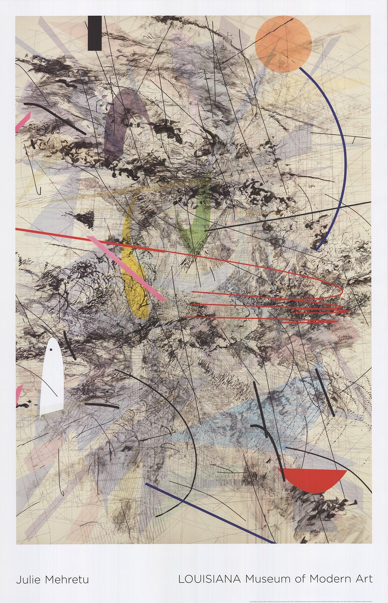 The Easy Dark poster for Julie Mehretu’s exhibition at the Louisiana Museum of Modern Art is a remarkable piece that embodies the energy and complexity of Mehretu’s work. Printed in Denmark by Rosendahl Design Group, it captures the essence of her