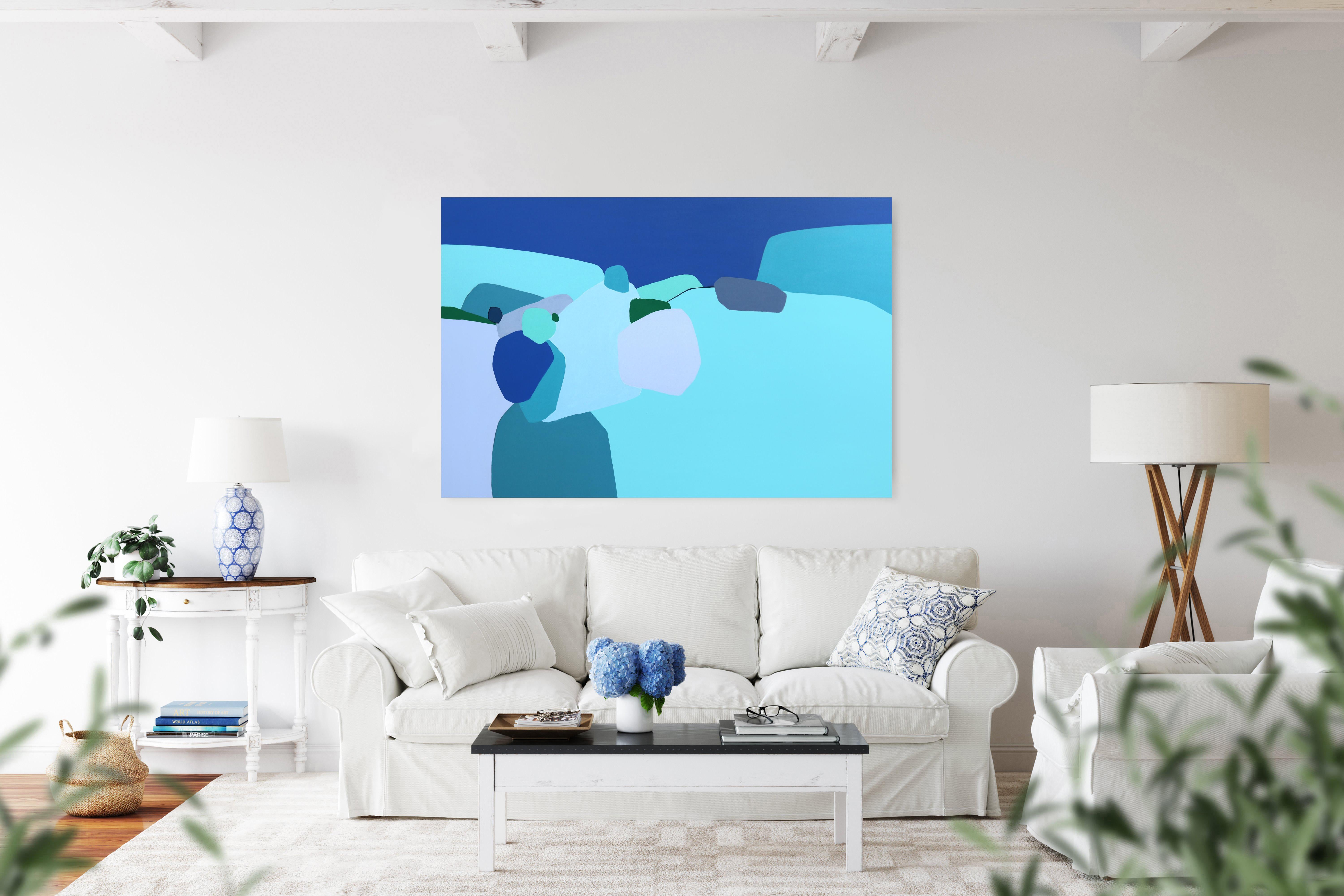 A New Wind Blows - Grande peinture abstraite bleue en Tranquil prête à accrocher - Abstrait Art par Julie Naima