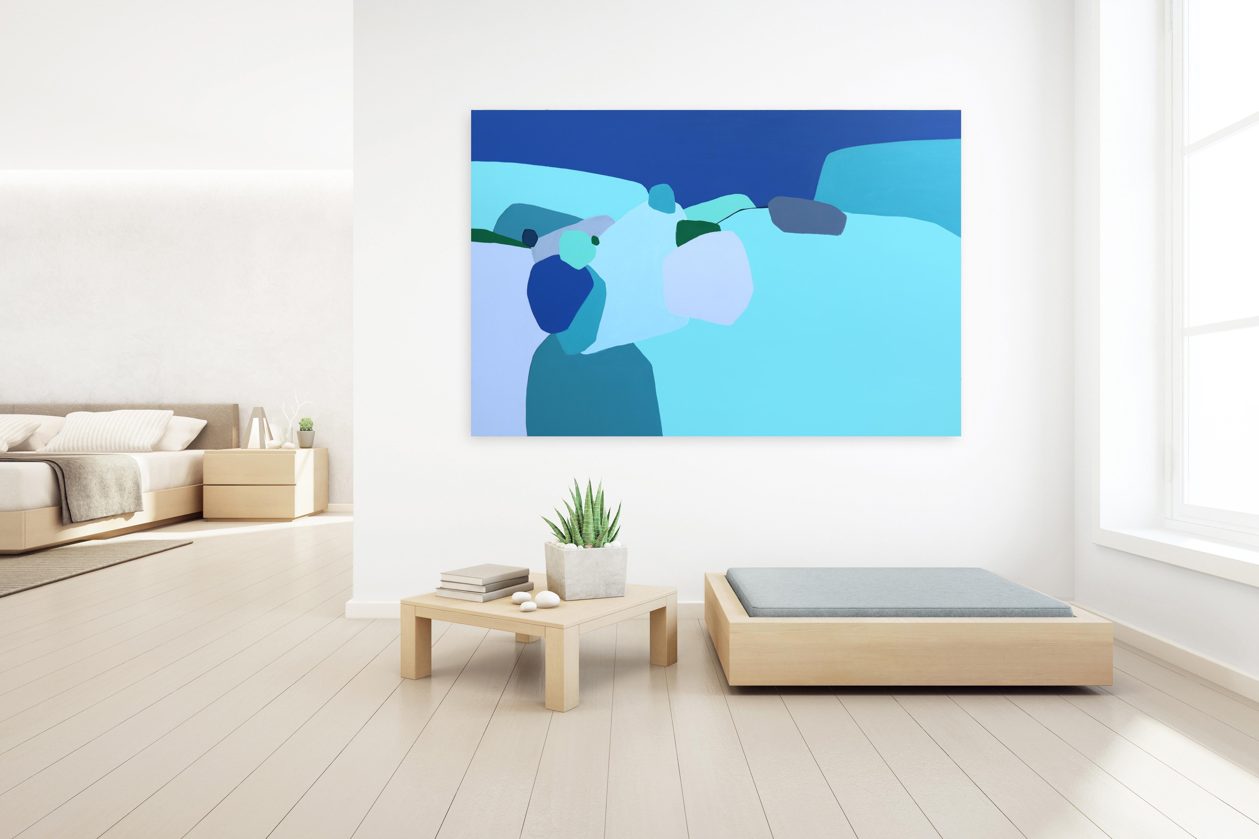 A New Wind Blows - Grande peinture abstraite bleue en Tranquil prête à accrocher en vente 3