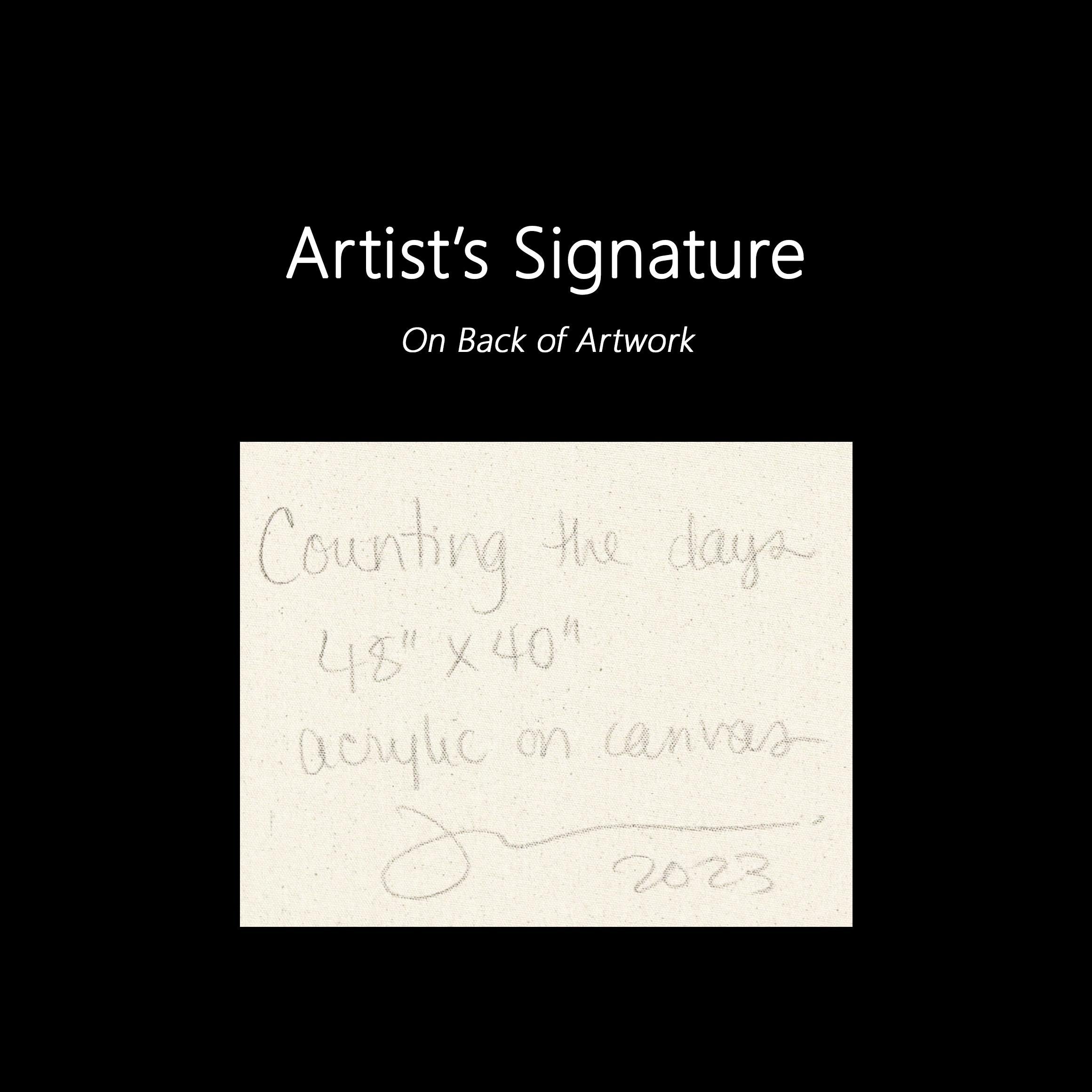 The Counting the Days - Tranquille peinture abstraite colorée bleu et Brown en vente 4