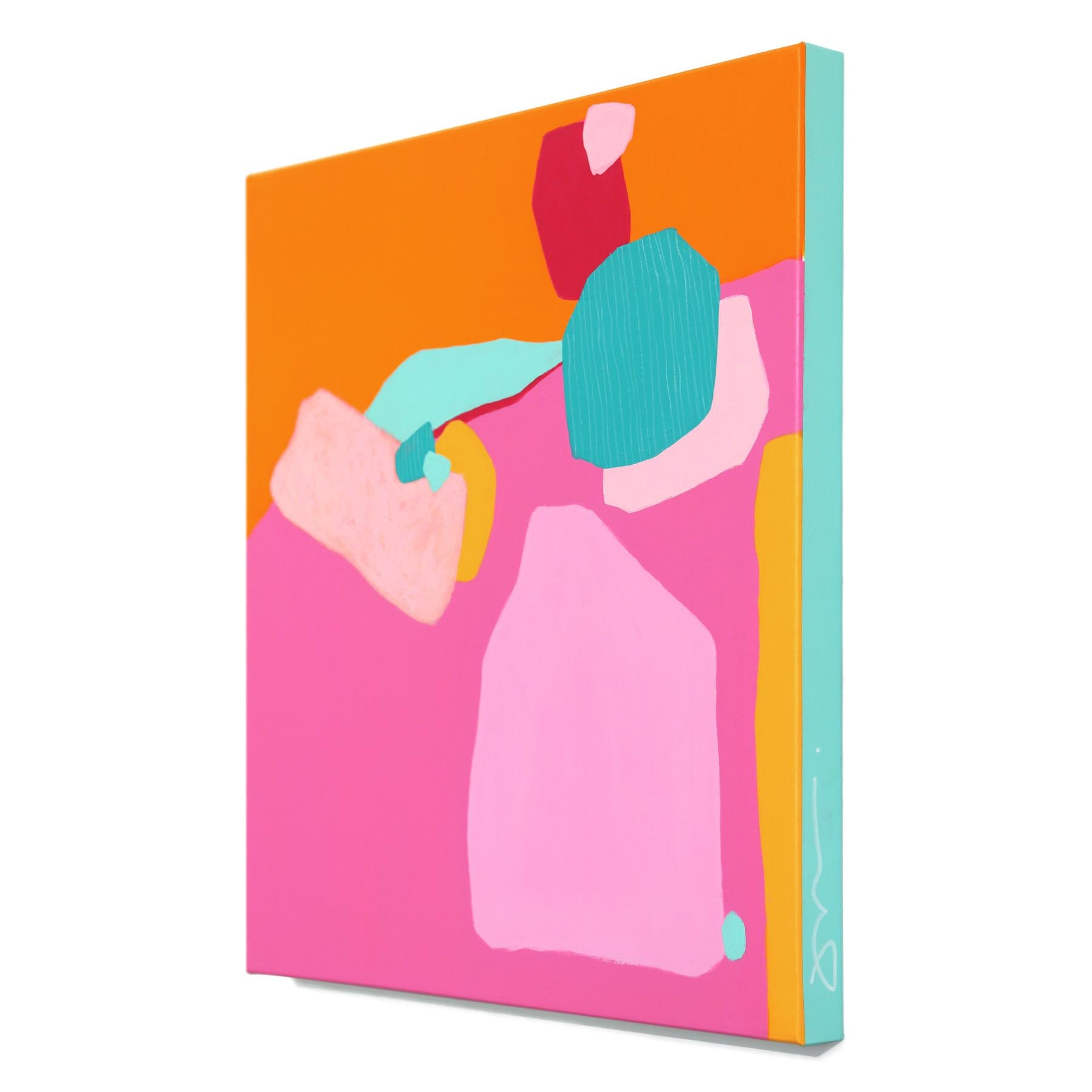 Atrévete a jugar 2 - Pintura abstracta de colores vibrantes y formas orgánicas lúdicas - Abstract Painting Rosa de Julie Naima