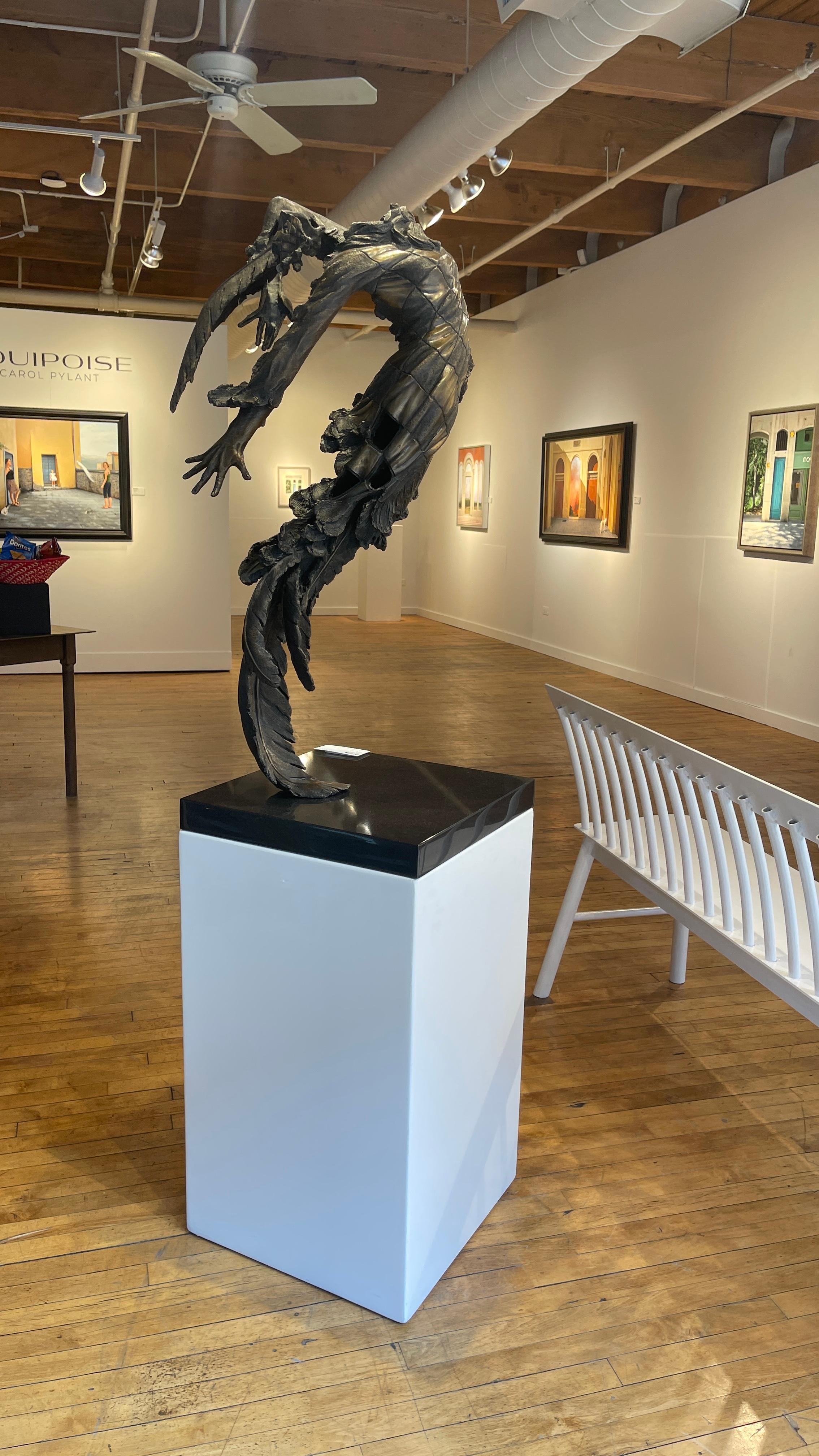 Sivah - Bronze Sculpture, Flying, Floating Figure with Mask and Harlequin Gown - Gold Figurative Sculpture by Julie Roblatt-Amrany