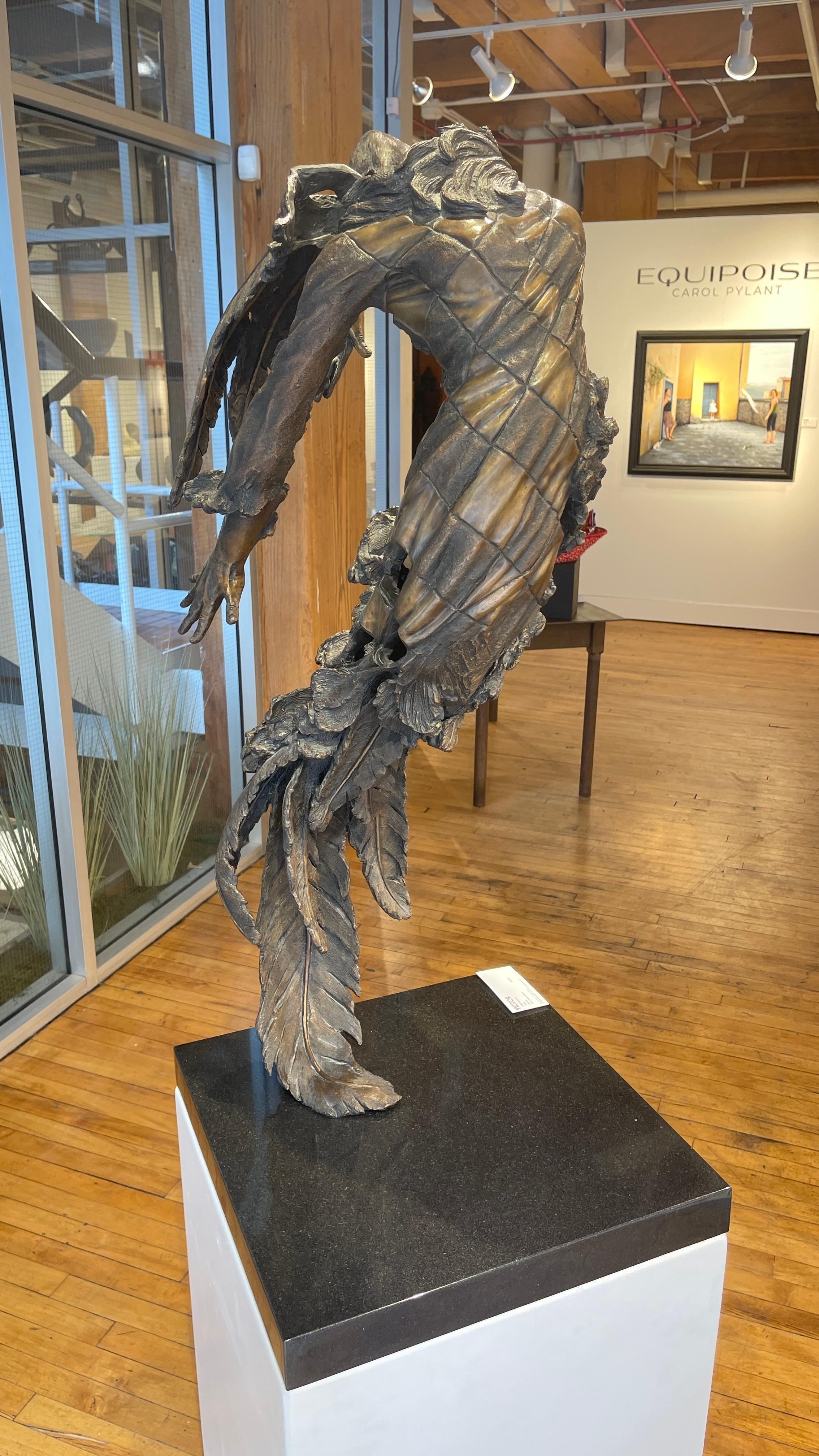 Sivah - Bronze Sculpture, Flying, Floating Figure with Mask and Harlequin Gown 1