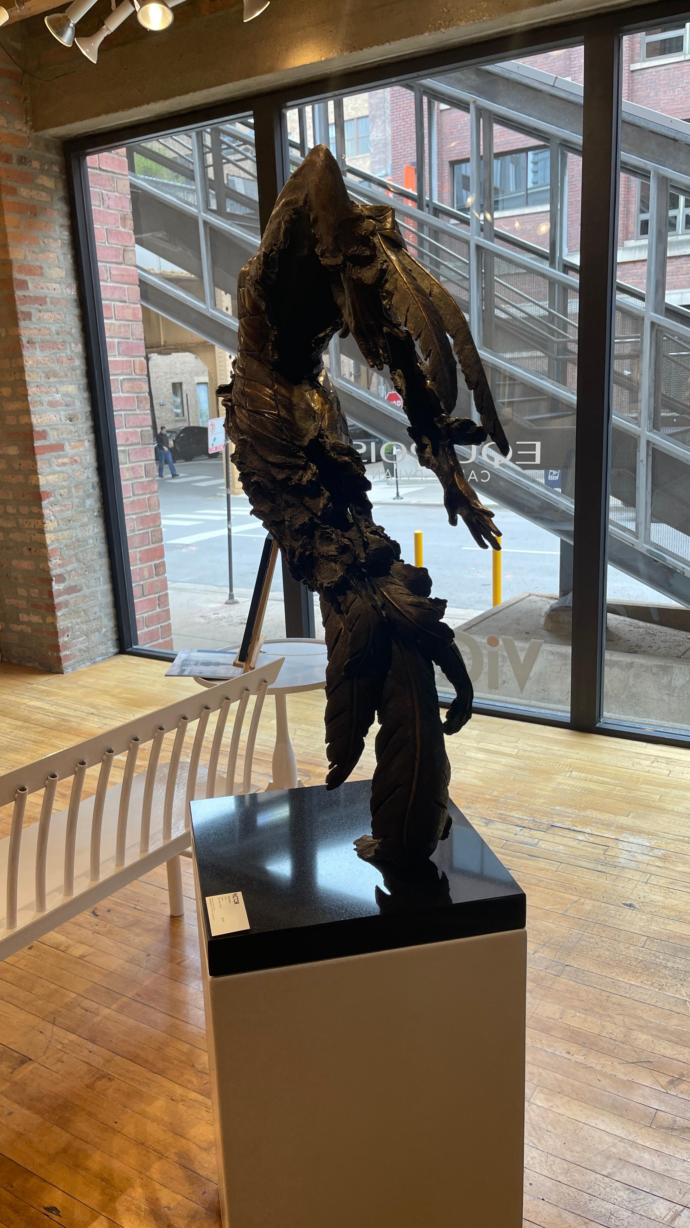 Sivah - Bronze Sculpture, Flying, Floating Figure with Mask and Harlequin Gown 2