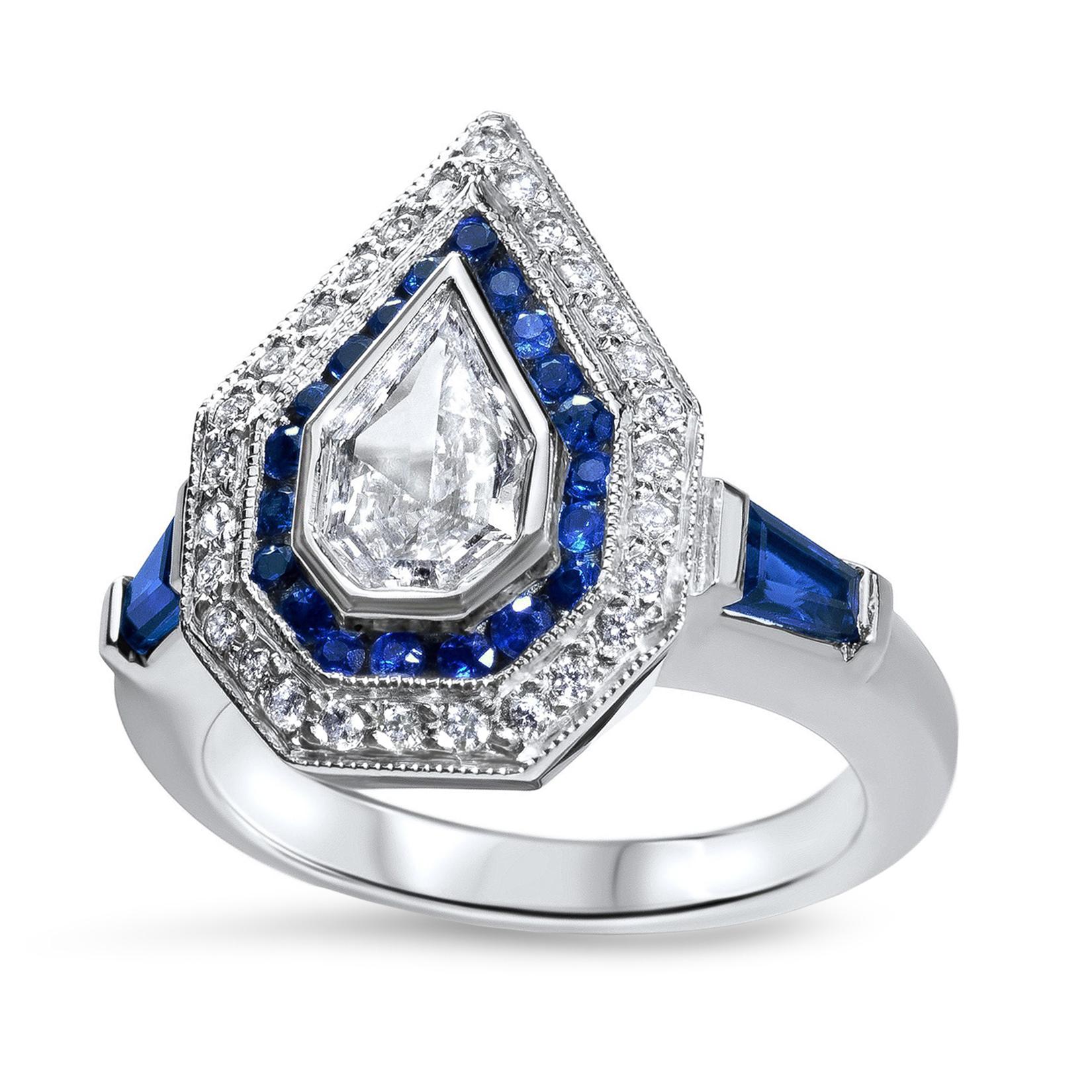 Women's Julie Romanenko Art Deco Inspired Fancy Kite Diamond Blue Sapphire Gold Ring