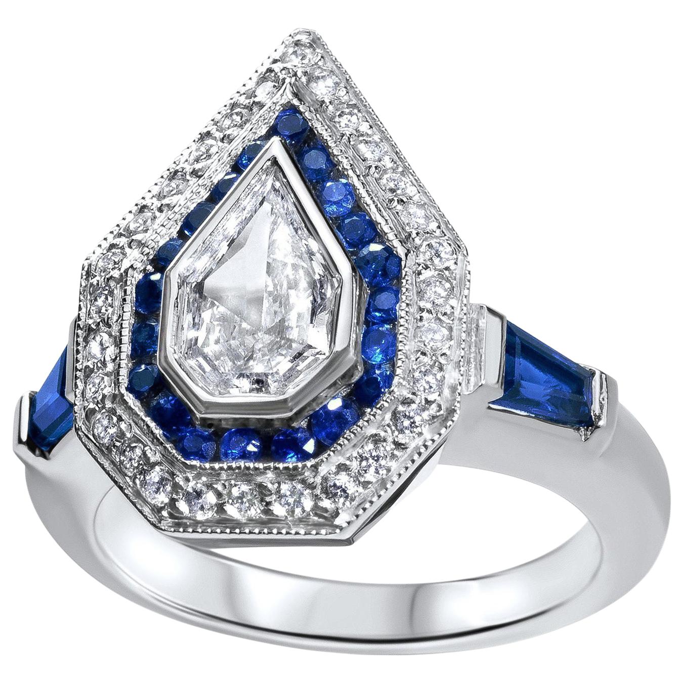 Julie Romanenko Art Deco Inspired Fancy Kite Diamond Blue Sapphire Gold Ring