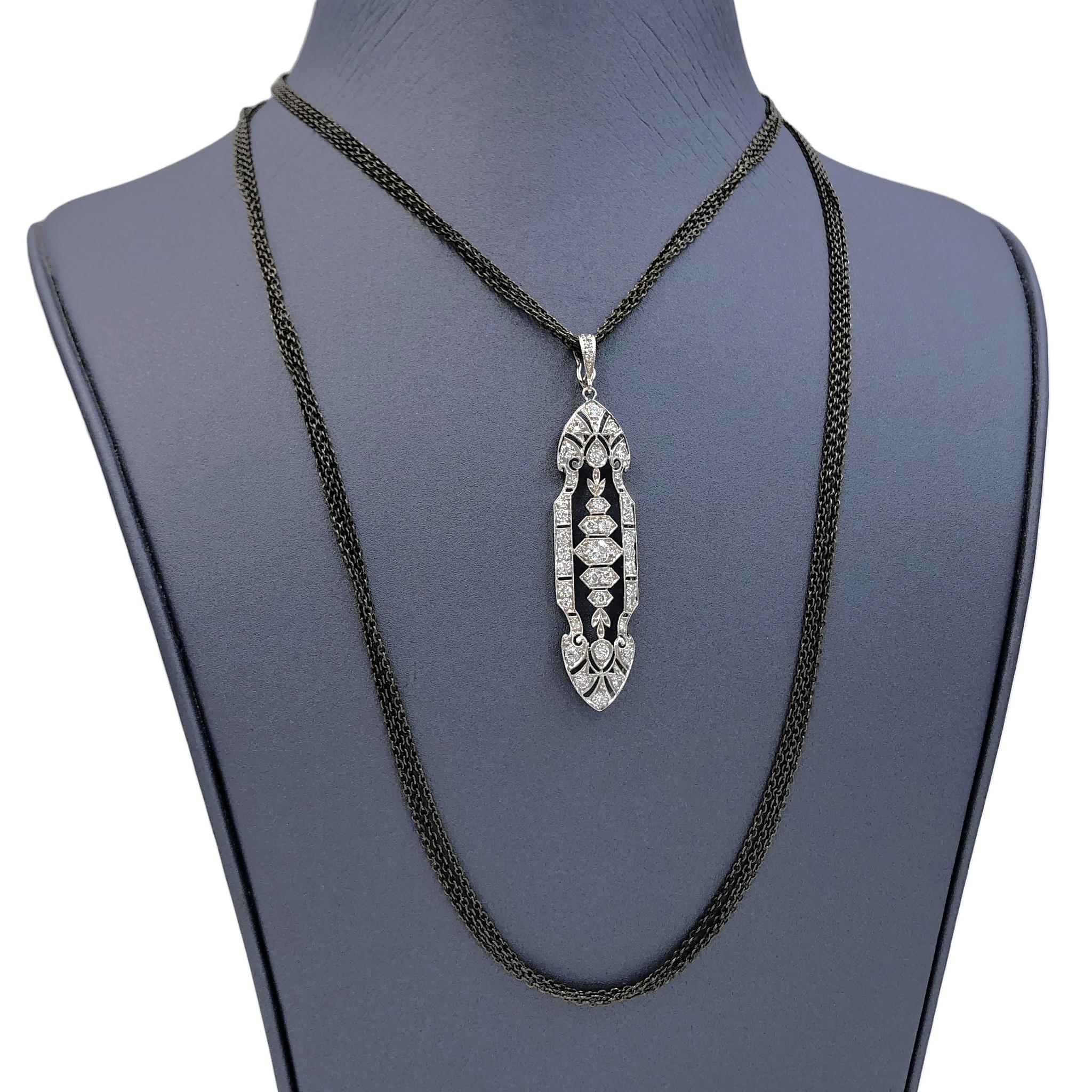 One of a Kind Art Deco Style Open Work Pendant Necklace by jewelry designer Julie Romanenko (Just Jules) in platinum and 14k white gold featuring 1.00 carat of shimmering round full-cut white diamonds and attached to an oxidized sterling silver