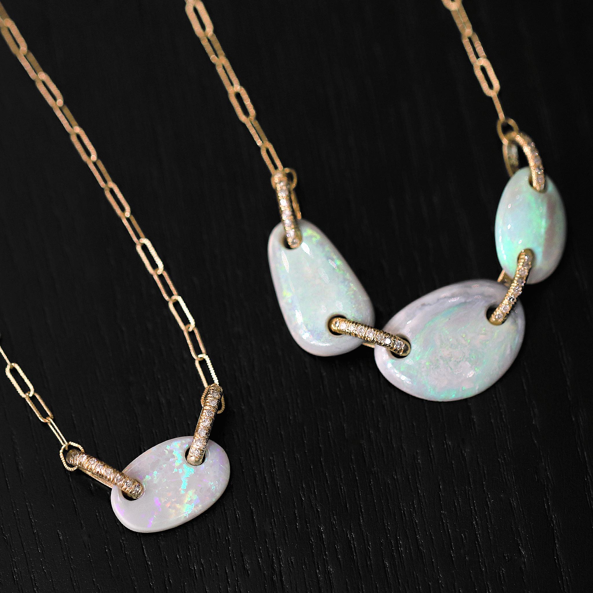 One of a Kind Floating Opal Necklace handmade by jewelry designer Julie Romanenko (Just Jules) featuring a stunning Australian boulder opal flanked by double-sided marquise-shaped round diamond links in 14k yellow gold and finished on a 14k yellow