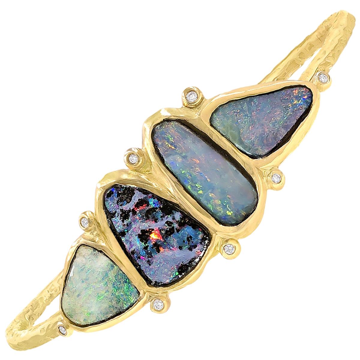 Julie Romanenko One of a Kind Boulder Opal White Diamond Gold Cuff Bracelet