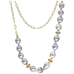 Julie Romanenko Tahitian Baroque Pearl Diamond Gold Necklace and Wrap Bracelet