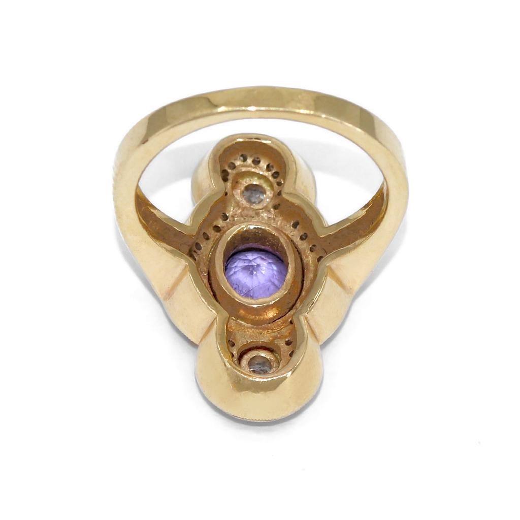 Oval Cut Oval Tanzanite White Diamond One-of-a-Kind Art Deco Yellow Gold Ring, Just Jules For Sale