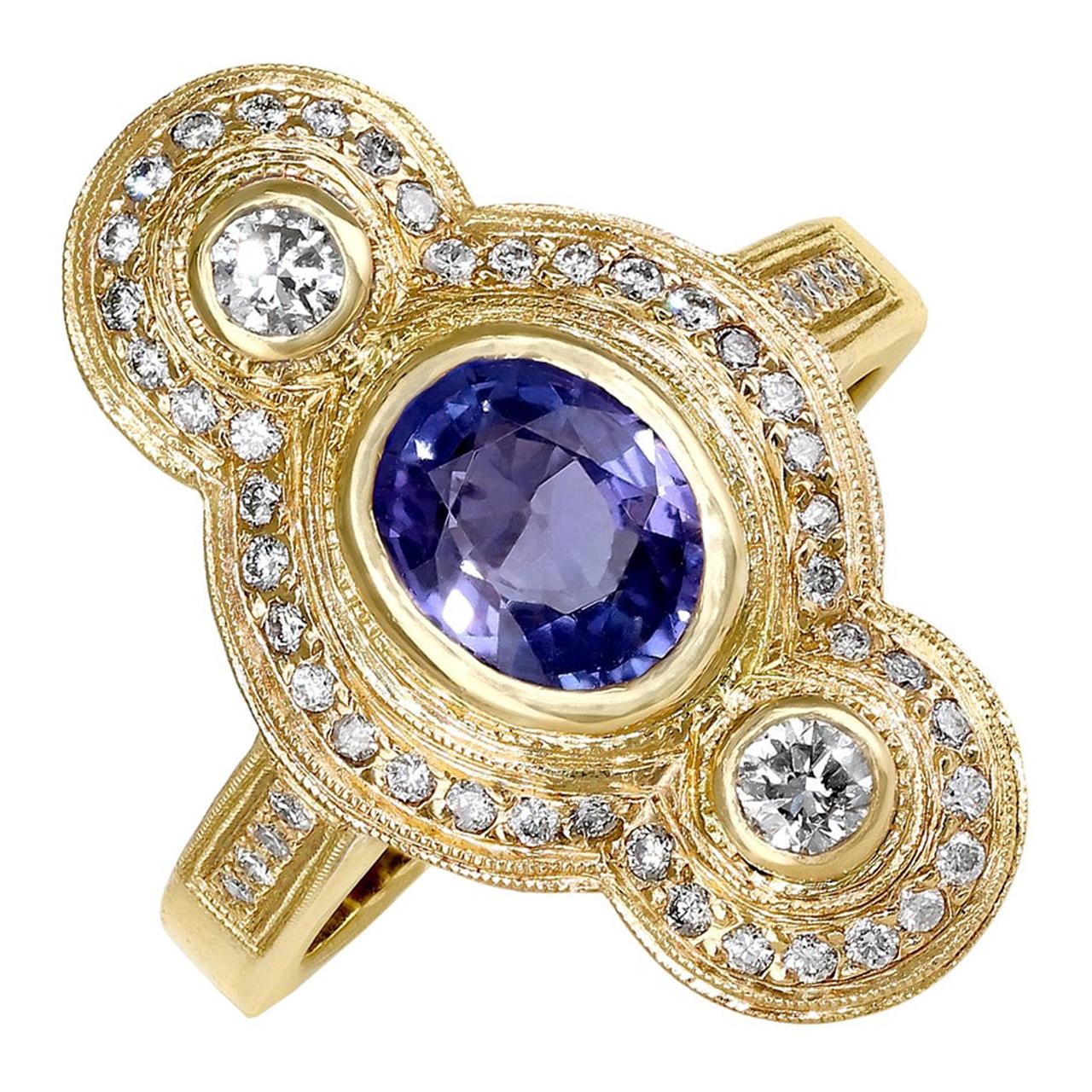 Julie Romanenko Tanzanite White Diamond One-of-a-Kind Art Deco Style Gold Ring