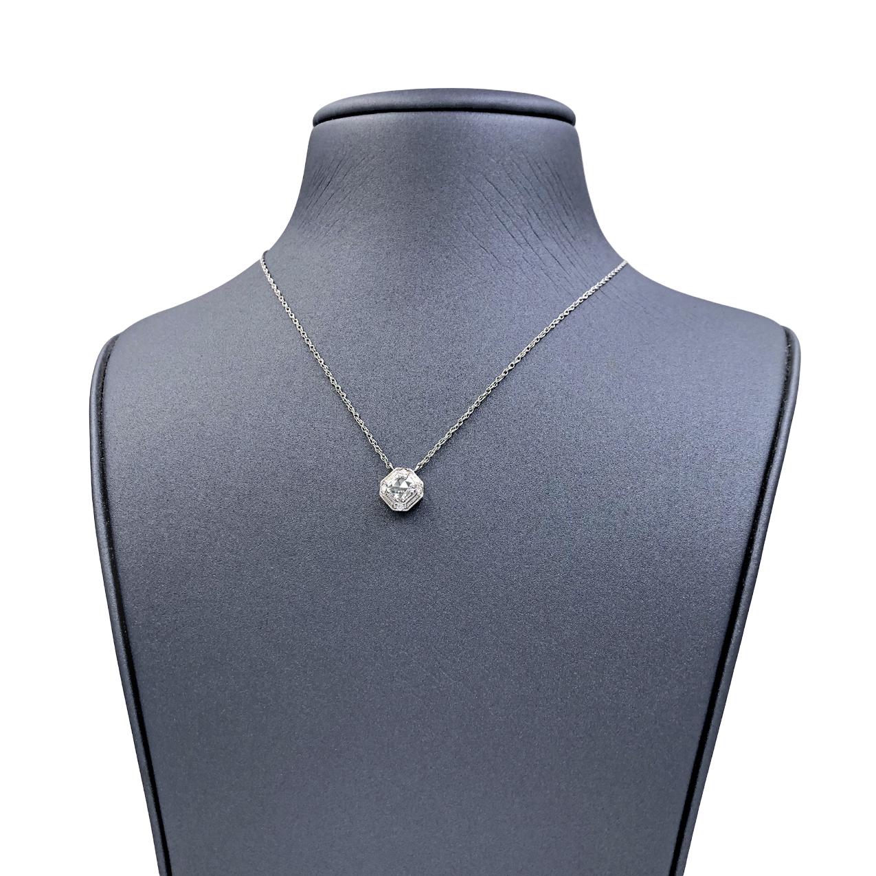 One of a Kind Deco Octagon Necklace handcrafted by  jewelry artist Julie Romanenko on a 14k white gold solid rope chain featuring a shimmering 0.35 carat rose-cut diamond set in 14k white gold prongs and accented by four round brilliant-cut diamonds