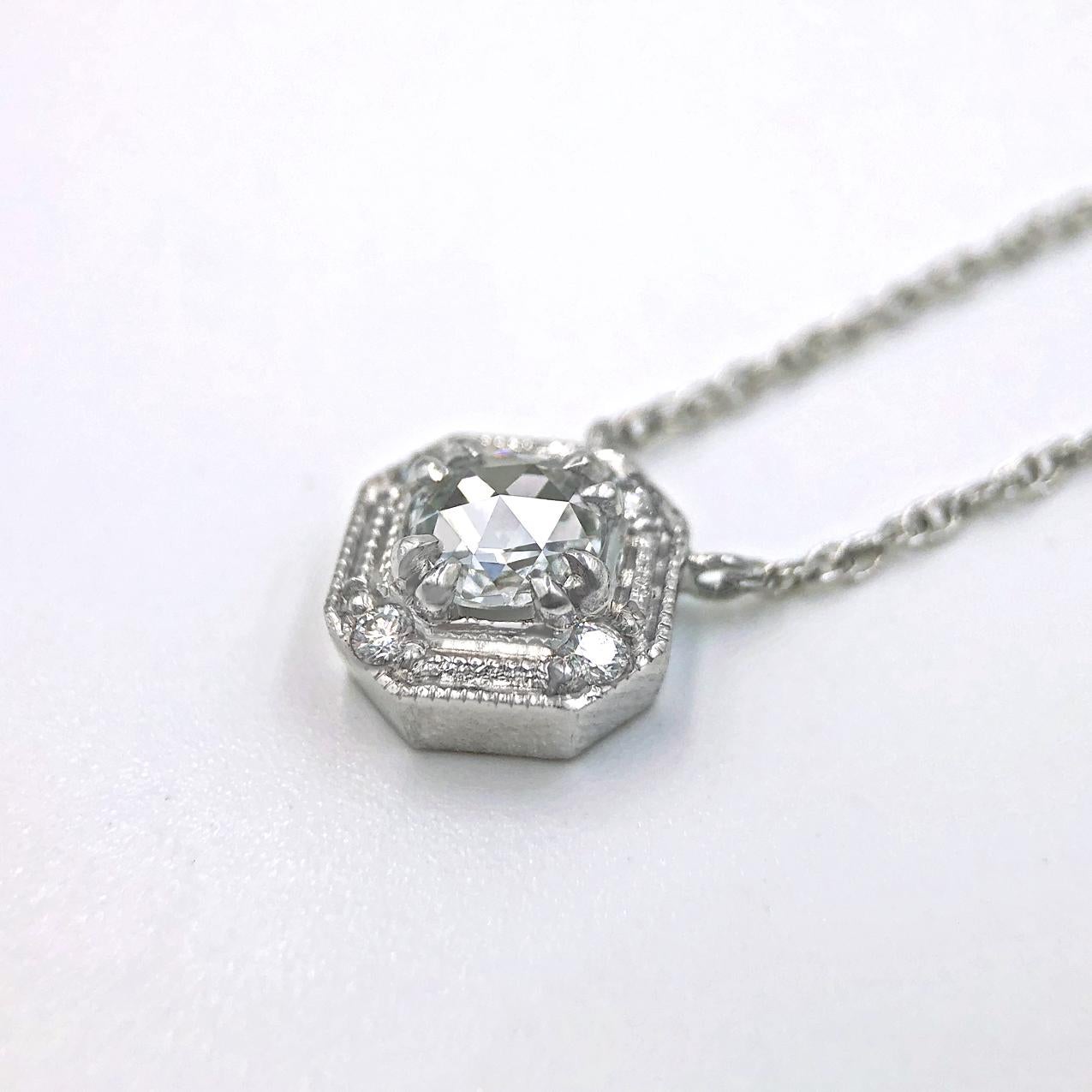 Round Cut Julie Romanenko Vintage Art Deco Rose-Cut Diamond Gold Pendant Necklace