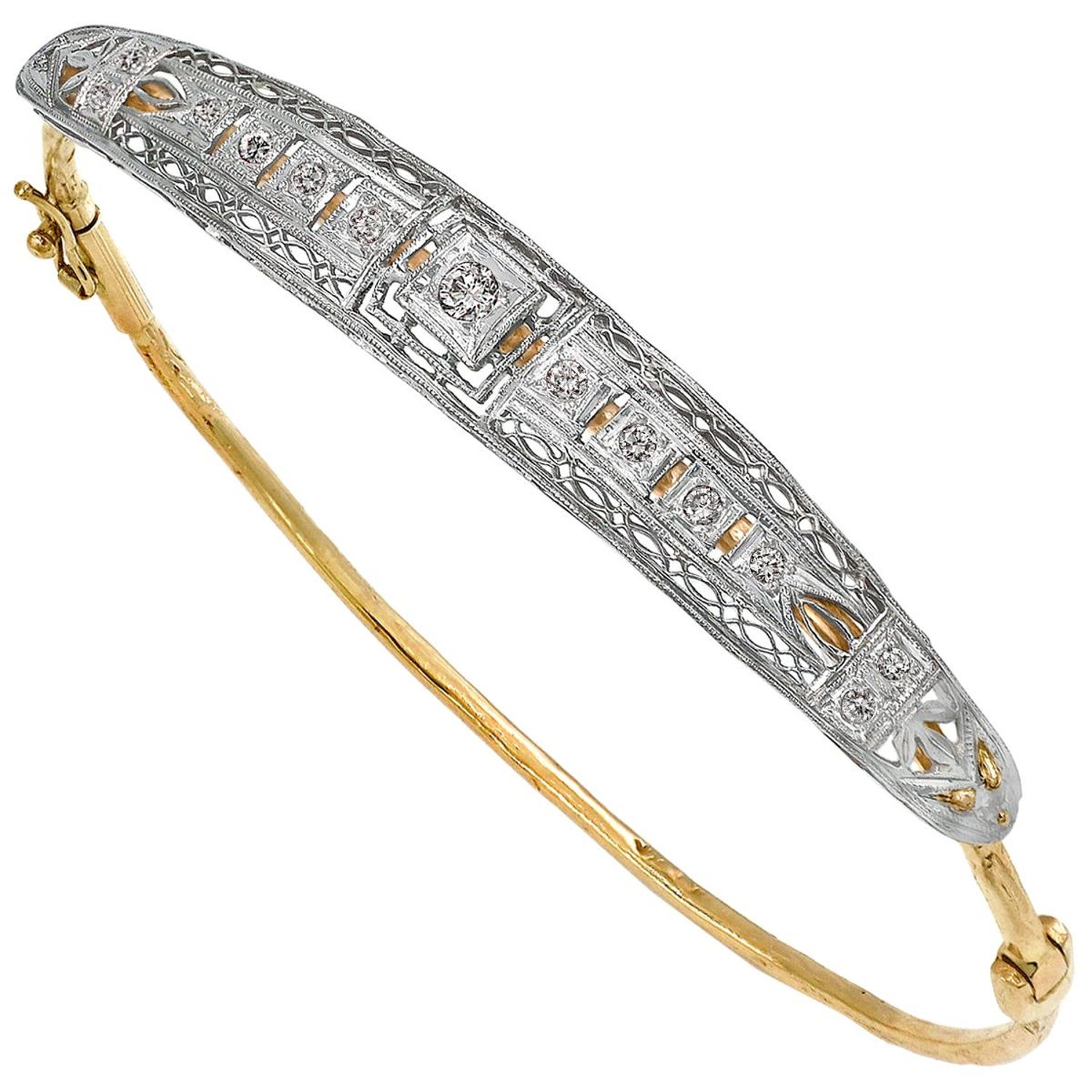 Julie Romanenko Vintage Platinum White Diamond Pin Yellow Gold Bangle  Bracelet For Sale at 1stDibs | large bangle bracelets large hands