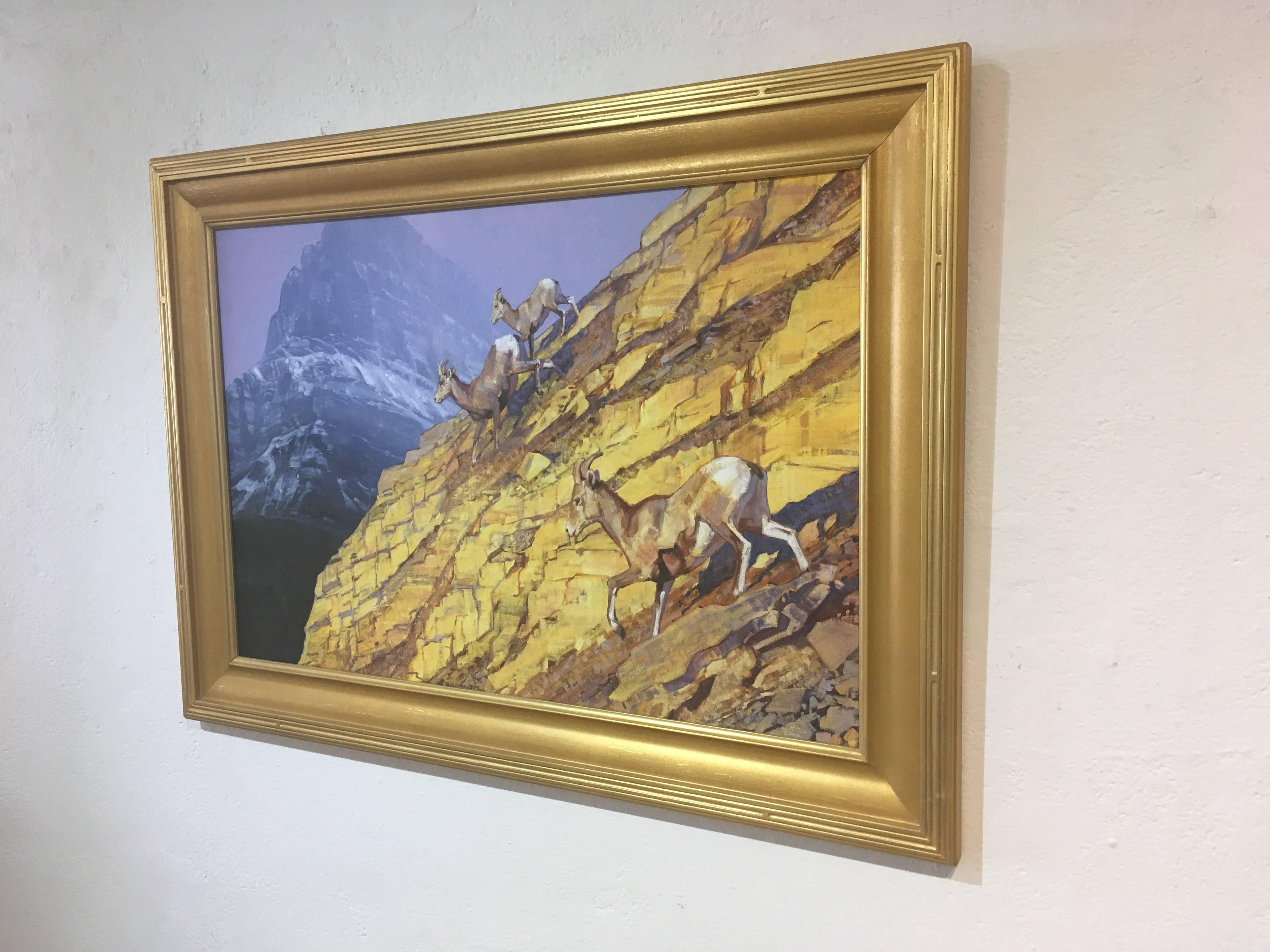 This is an oil painting of three rams scaling down a golden cliff face. The shadows are deep purples. As the rams move across the canvas, there is a sense of urgency. As they scale this beautiful light, a snowy, purple and blue mountain looms in the