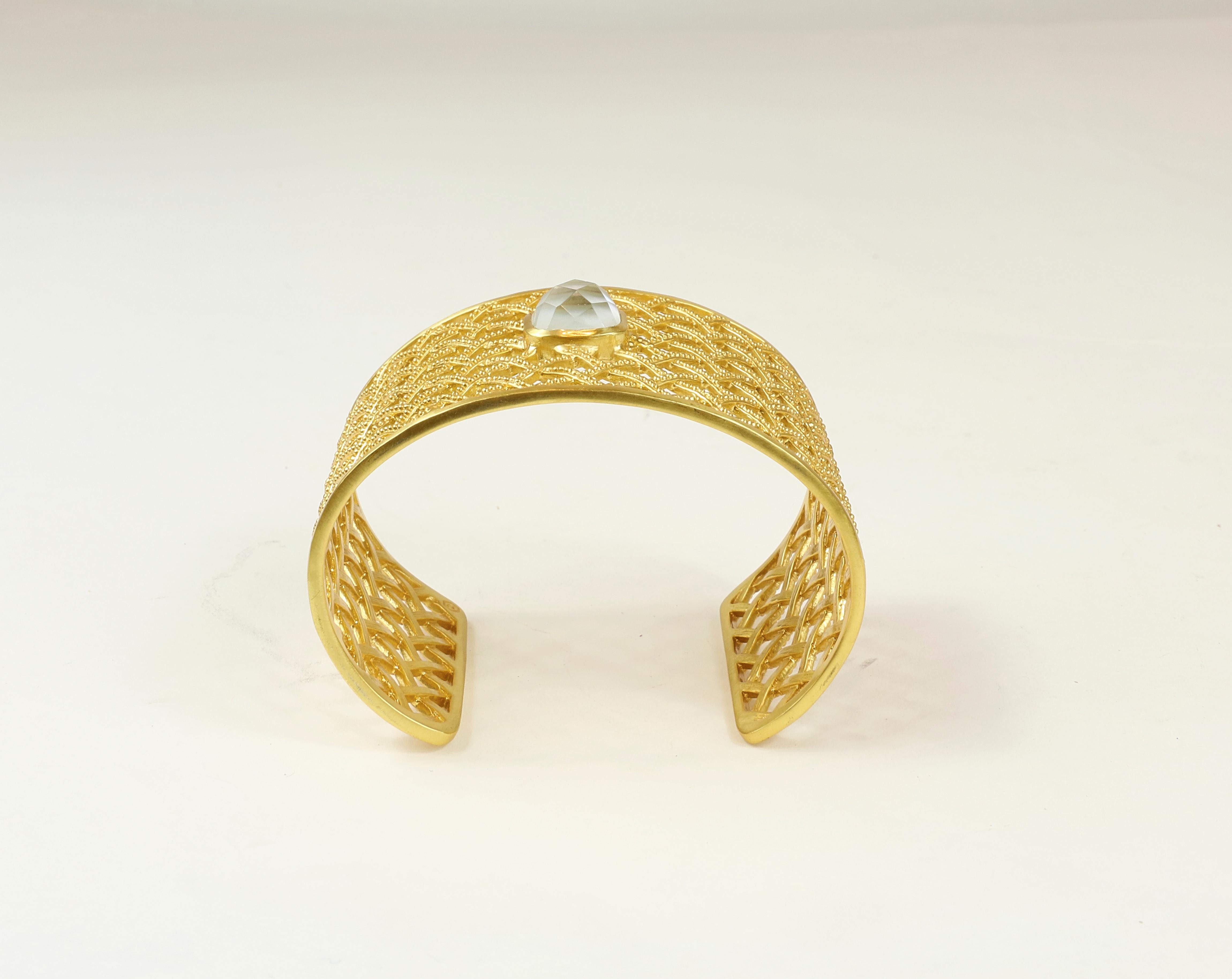 Julie Vos Loire Cuff Gold Bracelet with Clear Crystal In Excellent Condition In Bridgehampton, NY