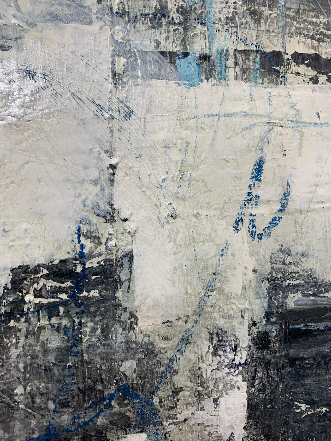 <p>Artist Comments<br>A densely layered image in blue, black, white and yellow, with intricate texture and mark-making through the surface. 