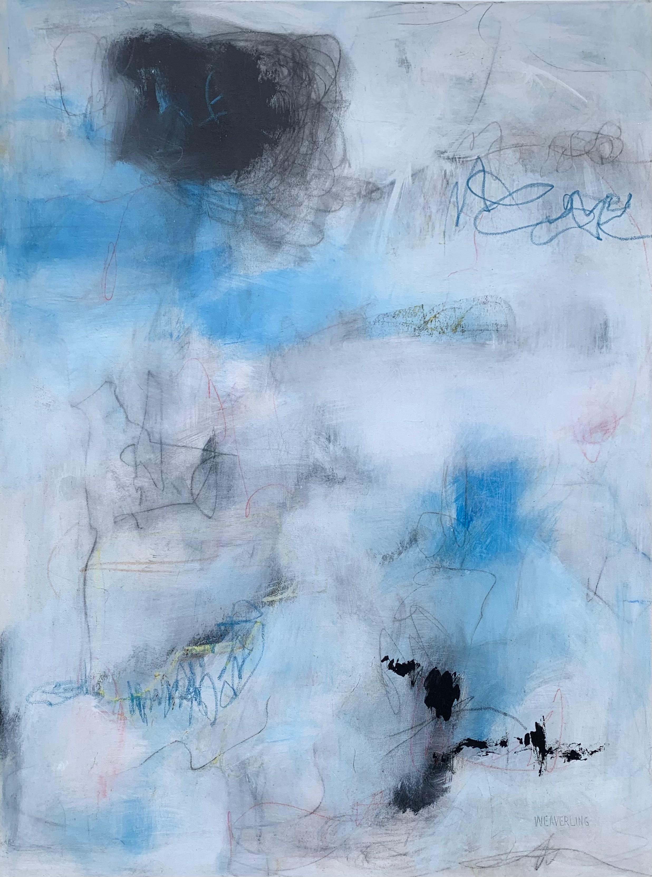 <p>Artist Comments<br>An abstract artwork unfolds with movement and emotion, guided by a soft palette of blues, whites, and blacks that balance tranquility and strength. Layered brushstrokes intertwine with spontaneous scribbles, adding depth and