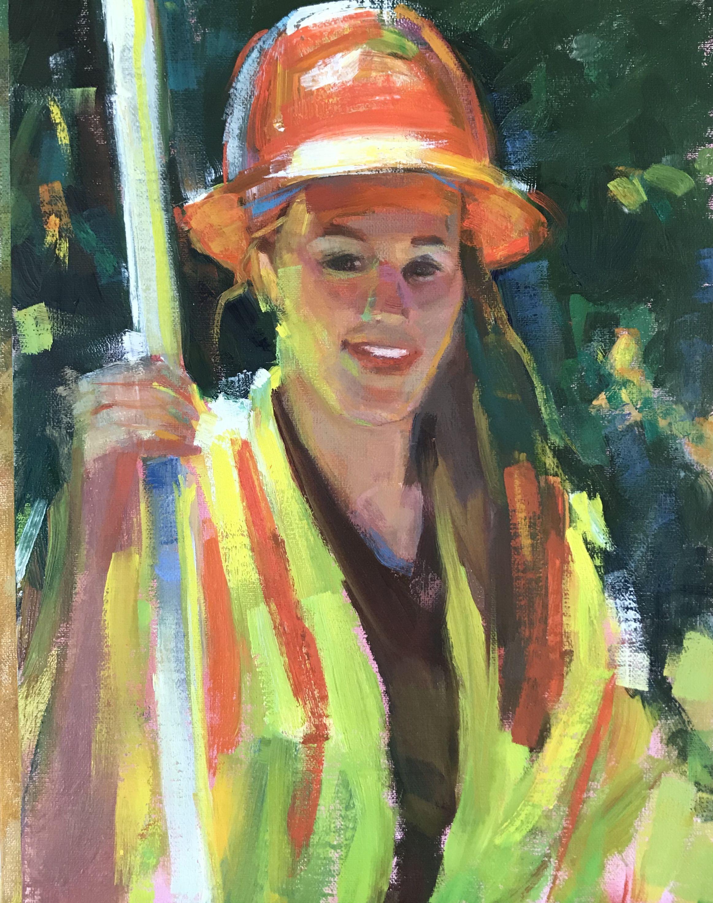 Julie  Wende Figurative Painting - WOMAN AT WORK, Painting, Oil on Wood Panel