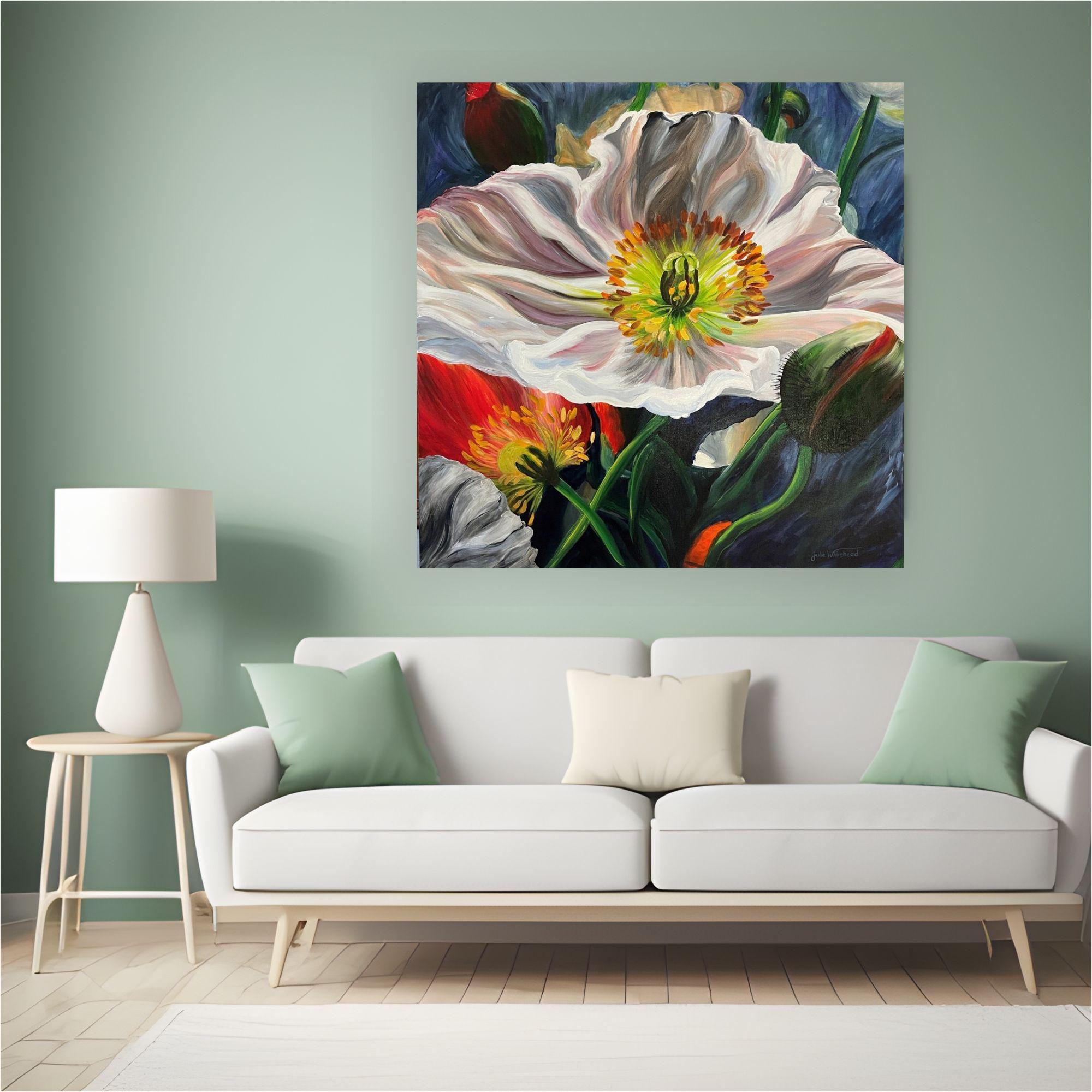 Tanzende Mohnblumen-originales realistisches Blumenstillleben-Ölgemälde-zeitgenössische Kunst (Realismus), Painting, von julie whitehead