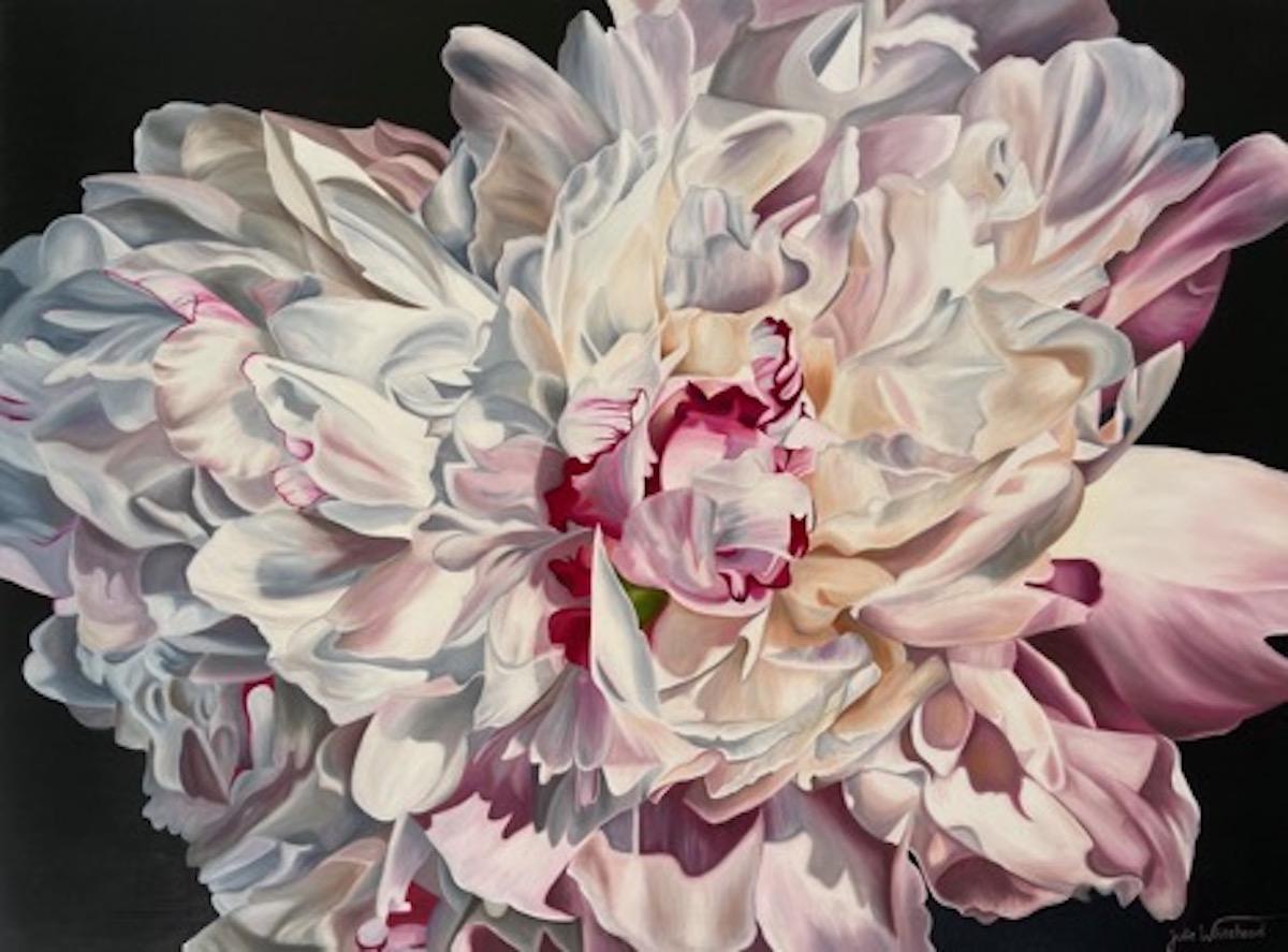 Dramatic Peony-original realism floral still life painting-contemporary art - Painting by julie whitehead