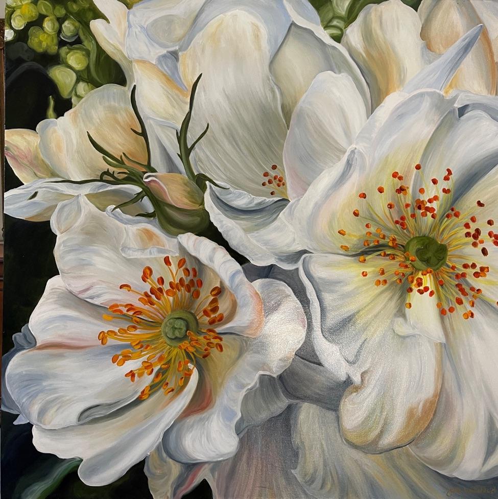 Luscious Cream Roses-originale echte florale Stillleben Malerei-zeitgenössische Kunst – Art von julie whitehead