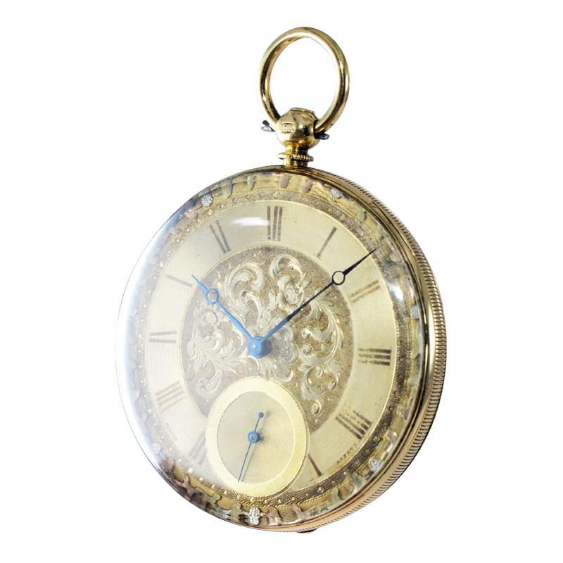 FACTORY / HOUSE: Julien, Geneve
STYLE / REFERENCE: Open Faced Pocket Watch
METAL / MATERIAL: 18Kt. Yellow Gold
CIRCA / YEAR: 1840's
DIMENSIONS / SIZE: Diameter 46mm
MOVEMENT / CALIBER: Key Winding / 18 Jewels 
DIAL / HANDS: Original Hand Engraved