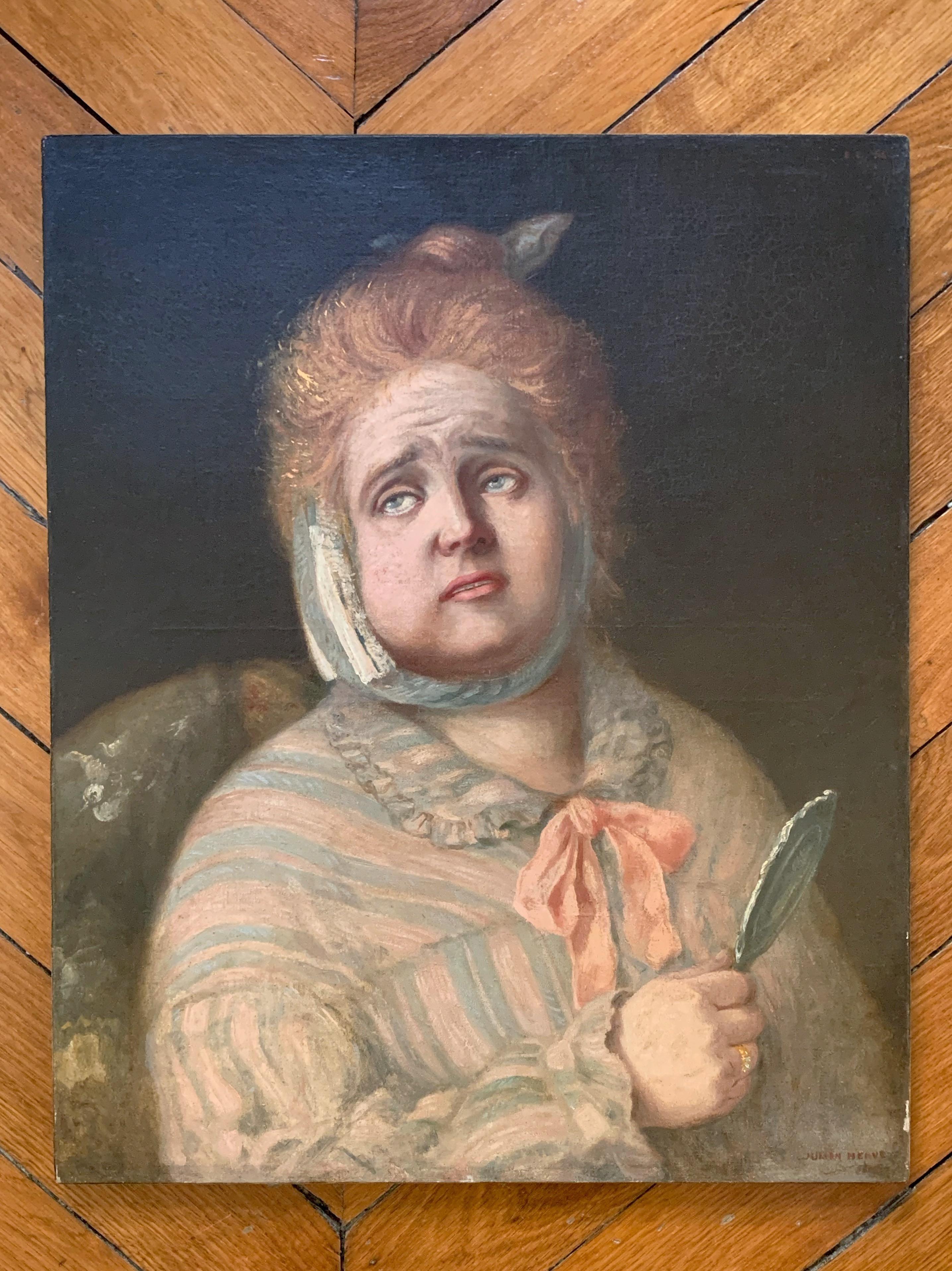 Portrait of a woman with a toothache, circa 1900, oil on canvas - Painting by Julien Auguste Hervé