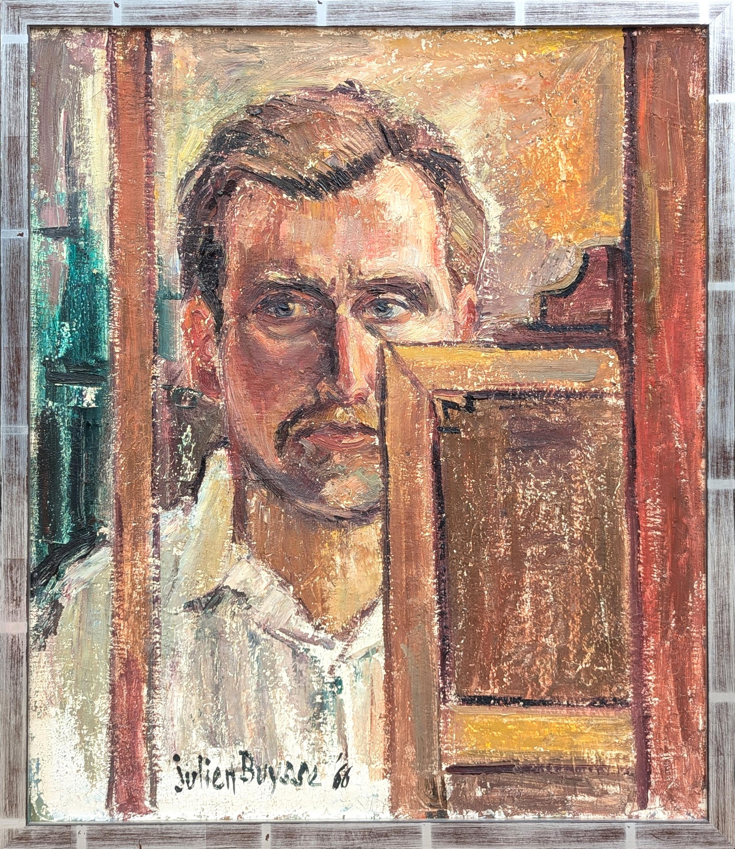 Early realistic neutral toned portrait painting by Belgian artist Julien Buysse. The work features a depiction of the artist as he sits at an easel while working on a canvas. Signed and dated in the front lower left corner. Currently hung in a