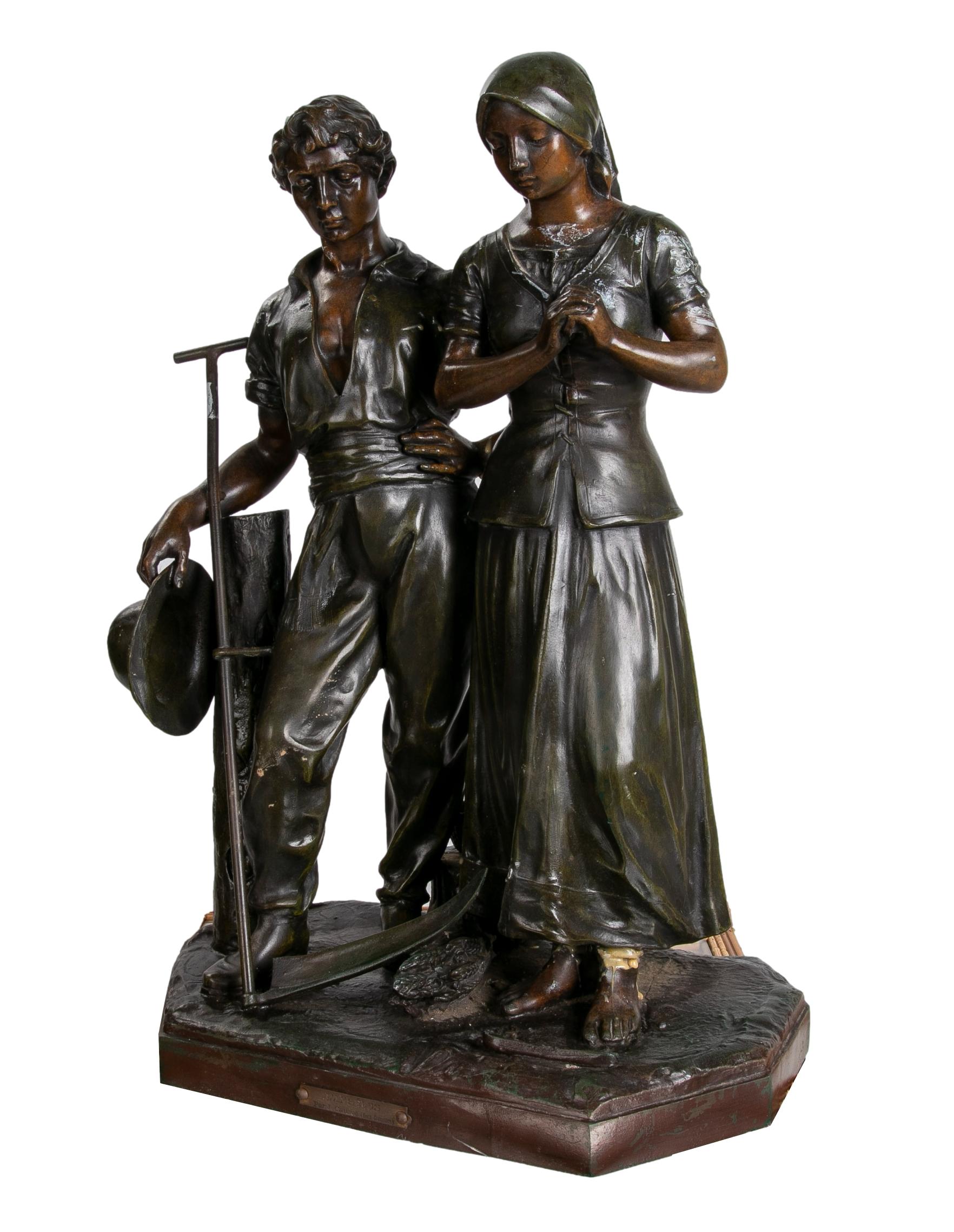 Antique Julien Caussé, ca 1890 French cast bronze figure sculpture of a period farming couple.