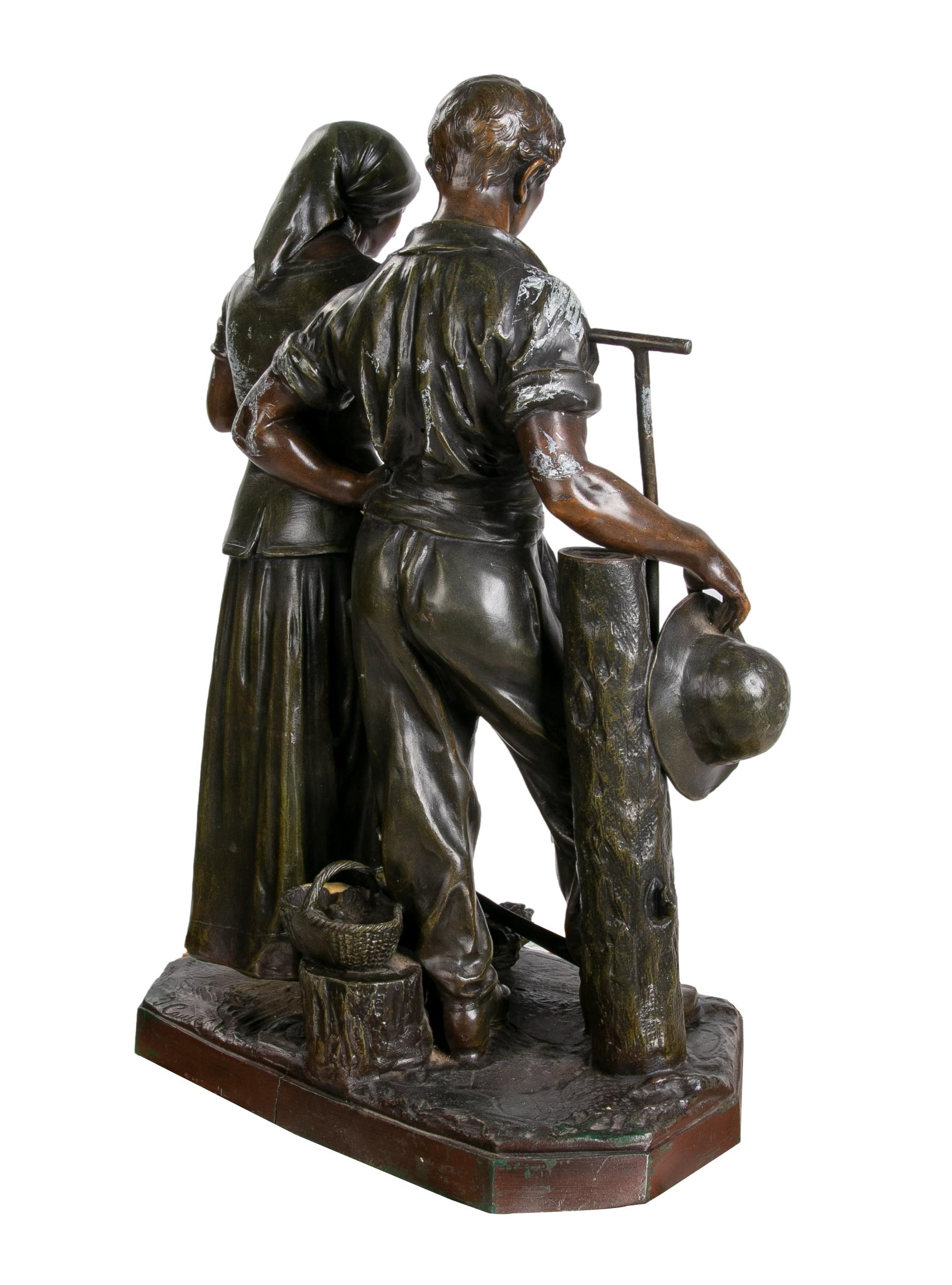 French Julien Caussé, ca 1890 Bronze Figure Sculpture of a Farming Couple For Sale